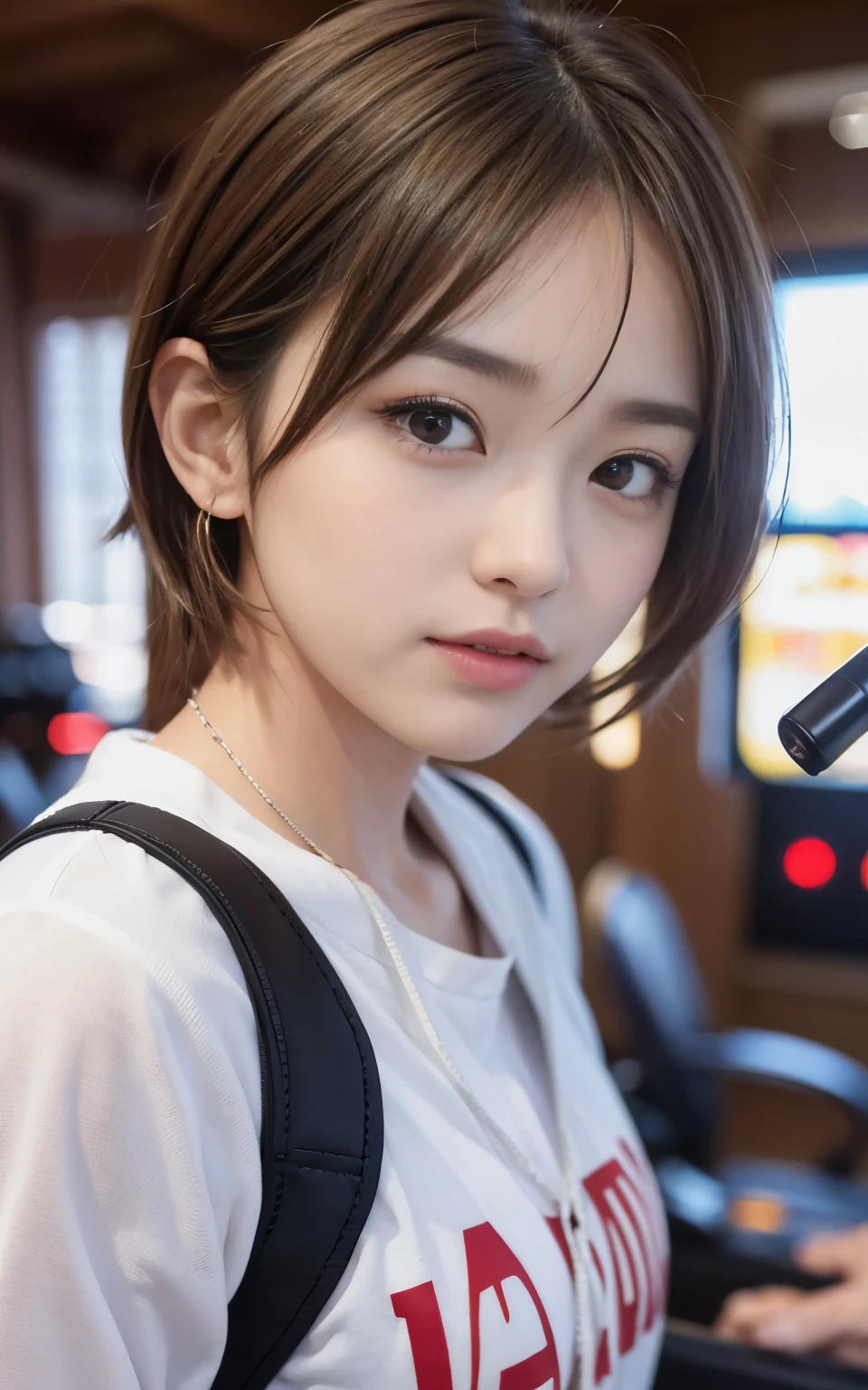 cute 21 year old japanese、university student、sportswear、super detailed face、Eyes、double eyelid、Beautiful thin nose、sharp focus:1.2、Beauty:1.4、(light brown hair、short hair、),pure white skin、、slender body、highest quality、masterpiece、ultra high resolution、(Photoreal:1.4)、High definition and professional lighting、laughter、big gym、