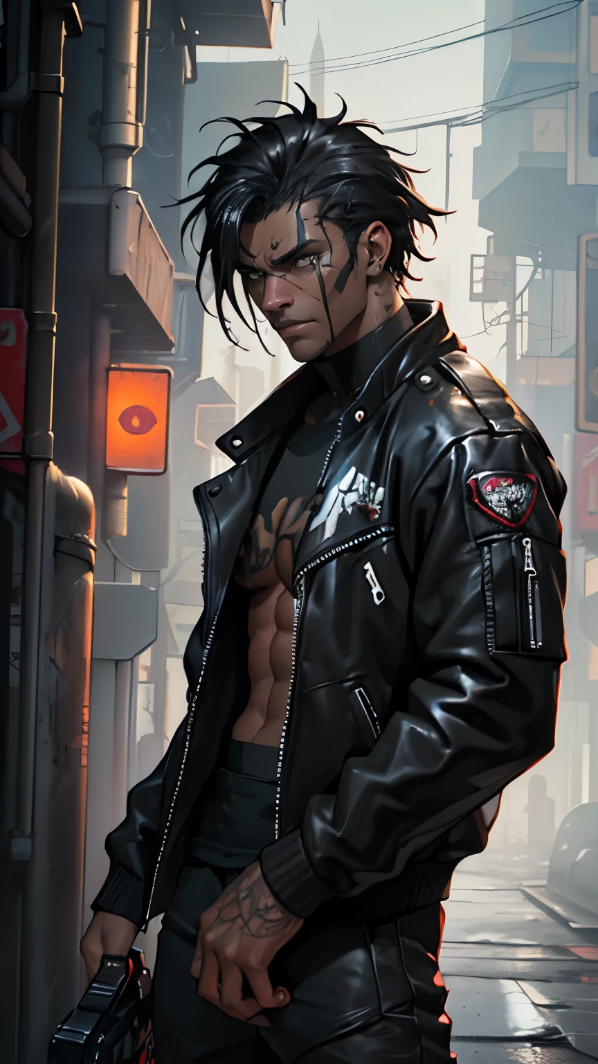 Cyberpunk 2077 Male V, Amazing guy, Aggressive, Detailed face, sweating, Masculine, ((Black tanned skin)), Smoky Grunge Punk Graffiti, wear ((Black that matches your skin perfectly)) pants, Cam groove, V-Line:1.5, ((He is solo)), ((He is alone)), Upper body naked, Thighs, Open front jacket