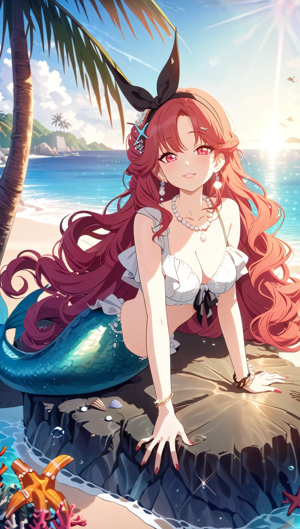 (best quality,4k,8k,highres,masterpiece:1.2),ultra-detailed,age girl gets magically transformed into a cute mermaid, fantasy transformation,red-eyed,beautiful detailed eyes,spiky long ginger hair,happiness,cute mermaid, long and detailed mermaid tail with shimmering green scales, white bra made with seashells and pearls,pair of fish gills on her torso, red and black ribbon headband, starfish hair clips, pearl hair ornaments, pearl earrings and bracelets, pearl necklace, red manicured nails, eye-catching accessories,beautifully detailed lips, sitting on a rock, sandy beach, new beautiful body,she’s smiling,embracing her new life has a mermaid, brushing her hair, ocean waves,sparkling water,coconut trees,seagulls,coral reef,vibrant colors,magical glow,shimmering scales,sea breeze,warm sunlight,joyful expression,island paradise,lush tropical plants,dynamic composition,soft and smooth lines,expressive facial features,gentle water reflections,serene atmosphere, Highly detailed, masterpiece, high quality, 4K