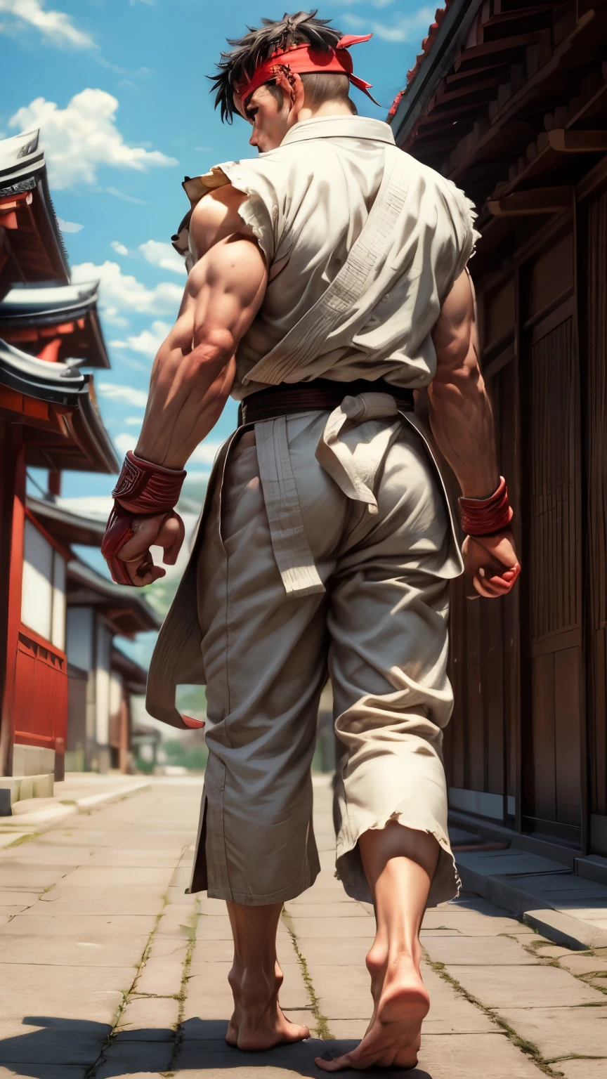 8k,(Realistic:1.4),(masterpiece:1.4),(highest quality:1.2),(Super detailed:1.2),Ultra-high resolution,Very delicate and beautiful,From behind,One boy,alone,Ryu,Street Fighter,(White dagi),(black obi),red hachimaki,Black Hair,Red fingerless gloves,(sfr1v),barefoot,Japanese Shrines,
