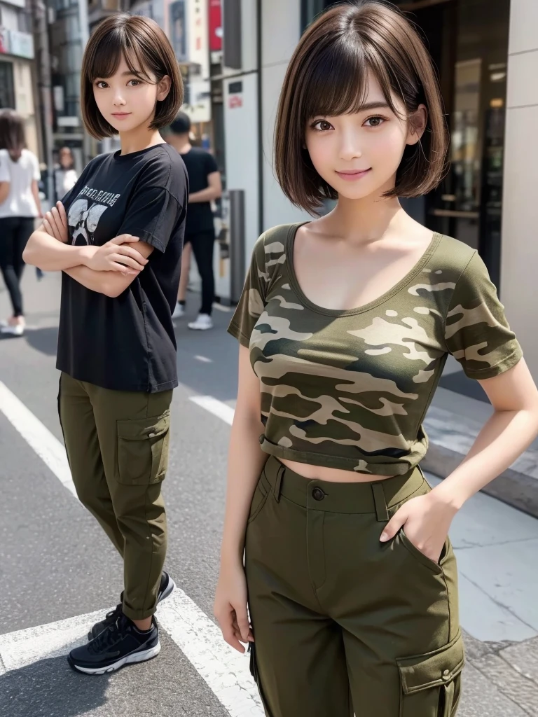 (8k, RAW Photos, highest quality, masterpiece:1.2), (Realistic, photo-Realistic:1.4), (Highly detailed 8k wallpaper), ((Full Body Shot)), (1 girl), Sharp focus, Depth of written boundary, Cinematic lighting, Soft Light, 緻密な美しさのeye, eye_Chan, Very beautiful 17 year old girl, innocent big eyes, Realistic, photo Realistic, Highly detailed cute girl, (Thin thighs), (Model Body Type), 18-year-old, (Camouflage T-shirt), (Khaki cargo long pants), (((Fold your arms in front of your chest and act arrogantly))), ((A happy smile)), Parted lips, Watching the audience, (On the streets of Tokyo) , (Brown Hair),（Short Bob Hair), (Asymmetrical bangs)