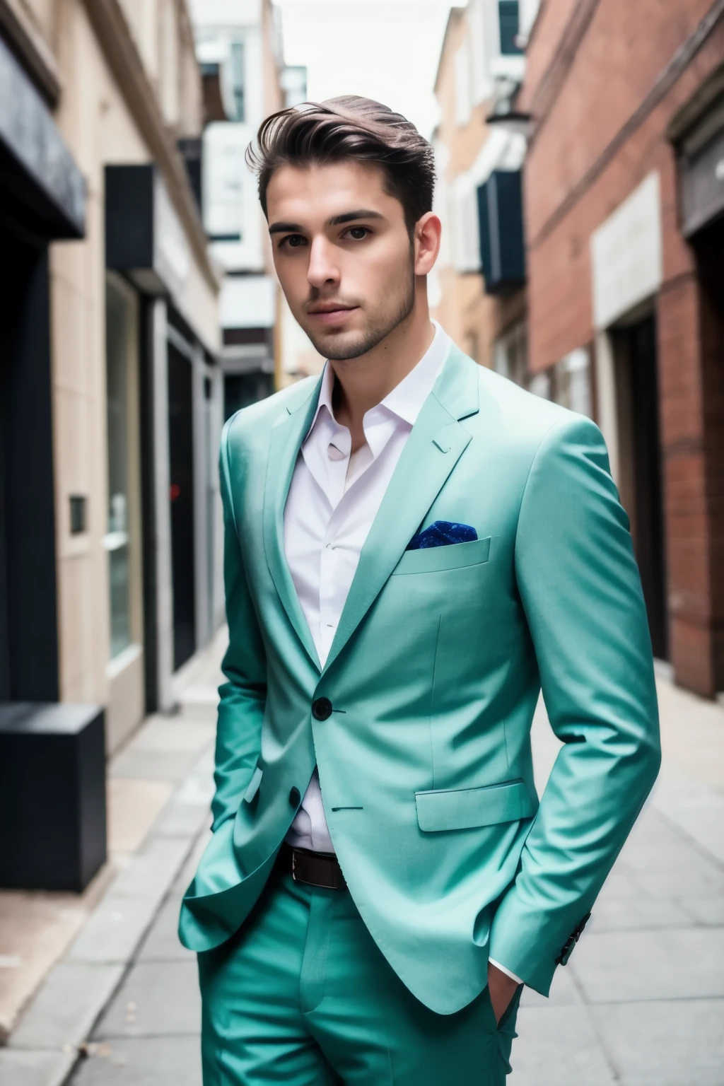 8k uhd, dslr, high quality , RAW photo, Amateur Photography , handsome male ,Street, 2 piece suit , pastel green , 2 button suit