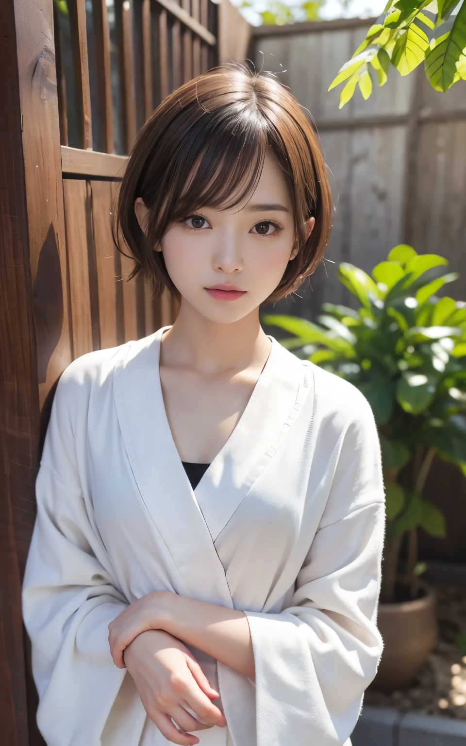 cute 21 year old japanese、Bathroom、wearing a bathrobe、super detail face、eye for details、double eyelid、beautiful thin nose、sharp focus:1.2、Beautiful woman:1.4、(light brown hair,short cut hair, ),pure white skin、highest quality、masterpiece、Super high resolution、(Photoreal:1.4)、A glimpse of the chest、