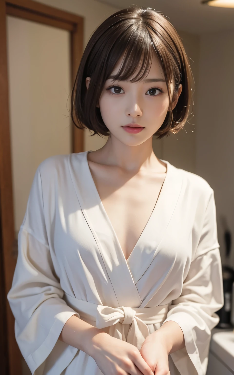 cute 21 year old japanese、Bathroom、wearing a bathrobe、super detail face、eye for details、double eyelid、beautiful thin nose、sharp focus:1.2、Beautiful woman:1.4、(light brown hair,short cut hair, ),pure white skin、highest quality、masterpiece、Super high resolution、(Photoreal:1.4)、A glimpse of the chest、