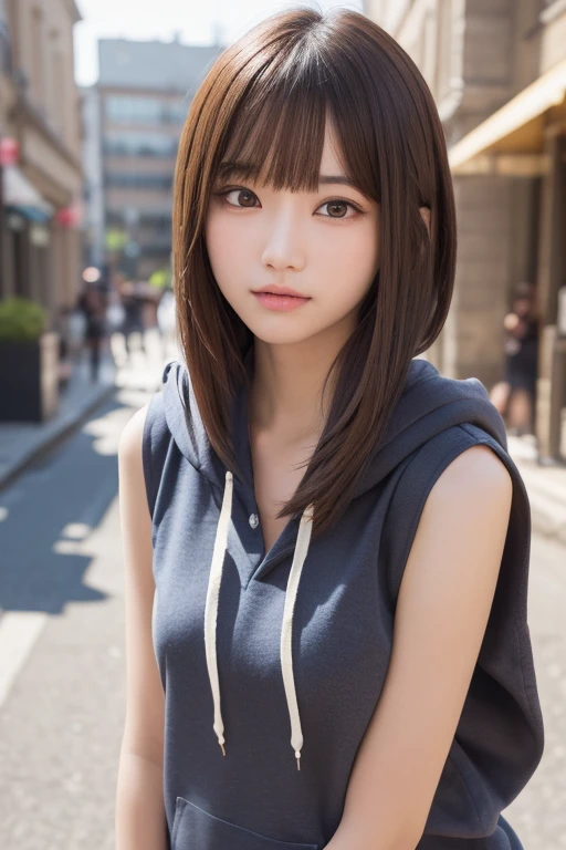 one girl, (a beauty girl, delicate girl:1.3), (17 years old:1.3),
break, (Sleeveless hoodie:1.3),
break, (Street view:1.3),
break, Definition of very fine particles, (Symmetrical eyes:1.3),
break, Small breasts, Brown eyes, Parted bangs, Brown Hair, girl, 長い髪
break, (Eye and facial details:1.0), (Get closer to the face, Zoom in on face, Face Focus:1.0),
break, (masterpiece, highest quality, Very detailed, Detailed face, 8k)