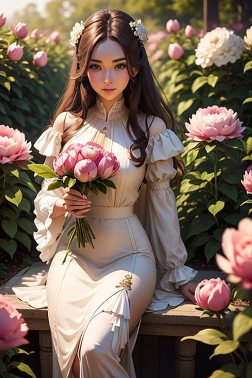 Beautiful brown hair woman holding peony flower in a garden