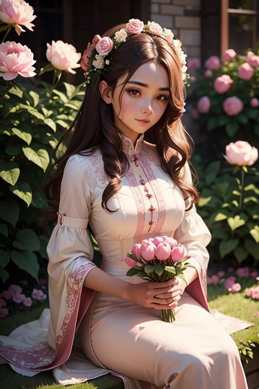 Beautiful brown hair woman holding peony flower in a garden