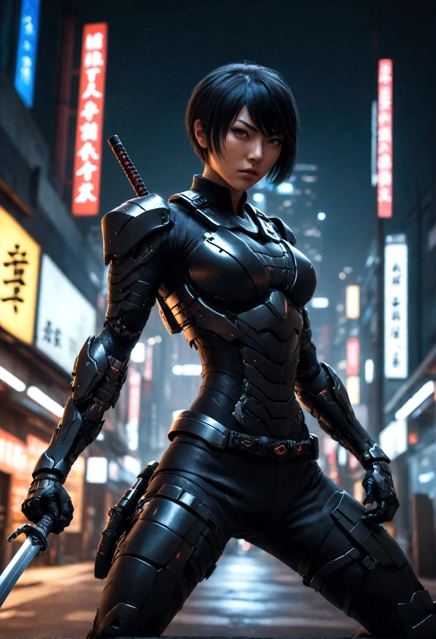 Photorealistic, manga, illustration, full armor cyborg female ninja black suit, With katana, Hi class, high skin, short hair, Full  body, Wild angle, stand pose, Fight action, in night cyberpunk city, muscle, 8k digital photography, cinematic lighting