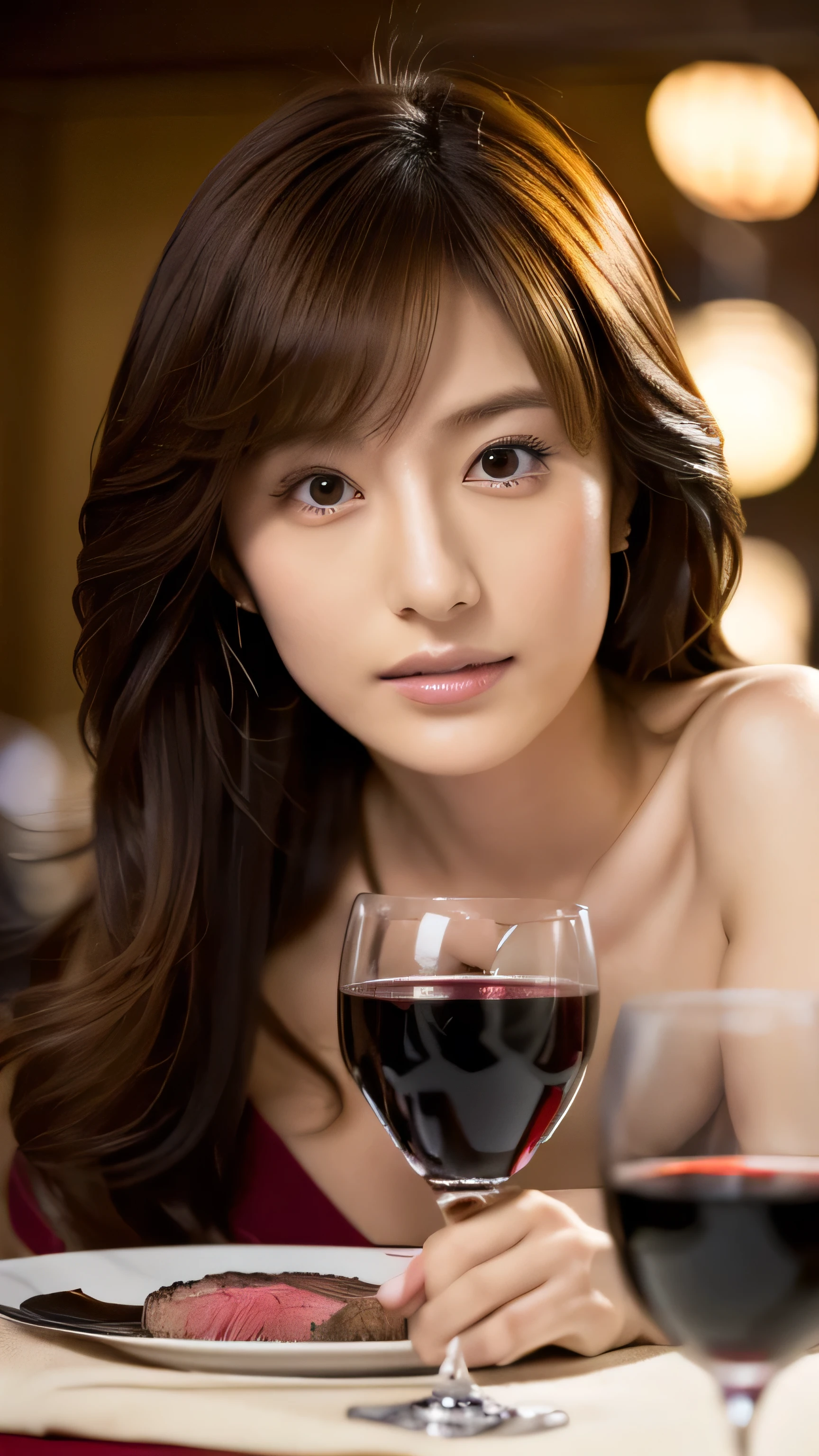 (((Steak and red wine on the table:1.5, Three-star restaurant, Formal wear))), Dynamic, cinematic photos,(Ultra Realistic, High resolution), (Highly detailed eyes, Highly detailed hair, highly Detailed face, Highly detailed plump lips，Perfect Anatomy),(highest quality:1.4), RAW Photos, (Realistic, photo-Realistic:1.37), Professional photography, Cinematic Light, (Detailed face: 1.2),slim,(Famous Japanese actresses:1.2)