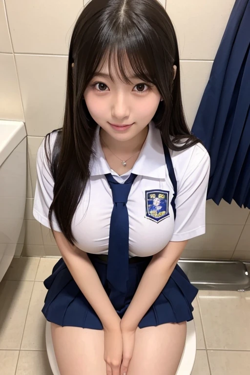 Super beautiful Japanese high school girl、In uniform、Super fat、Super long straight hair、Big Breasts、Big Ass、Small private toilet in school、Sit on the toilet