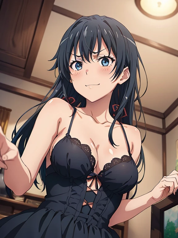((masutepiece, Best Quality, hight resolution, nffsw, Perfect Pixel, depth of fields, 4K, )), 1girl in, Solo, , Beautiful anime girl, Beautiful Art Style,
very low view angle:1.3, view from below:1.5, sky from below:1.5, living room background,
Perfect body, happy face:1.5 portrait:1.4, goth dress, angry face, lowered eyebrows,
yukinoshita yukino, large breasts,
Full face blush, red face,
straight on:1.3, medium shot
