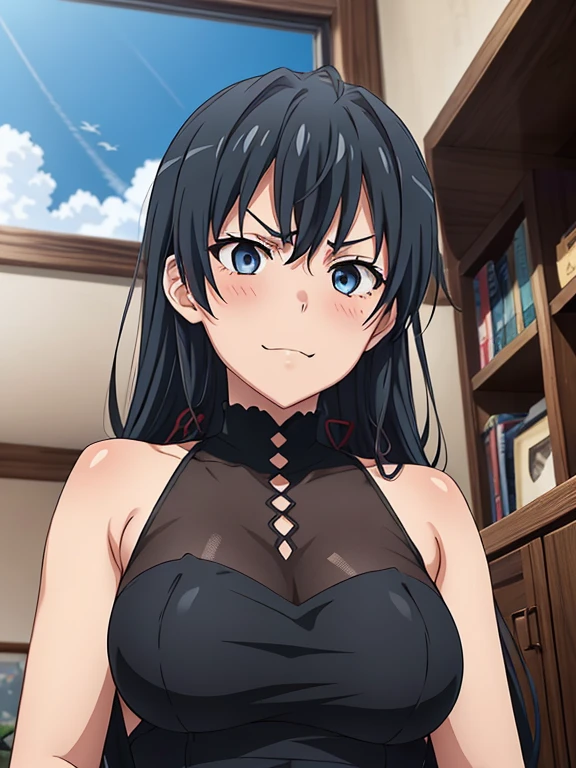 ((masutepiece, Best Quality, hight resolution, nffsw, Perfect Pixel, depth of fields, 4K, )), 1girl in, Solo, , Beautiful anime girl, Beautiful Art Style, 
very low view angle:1.3, view from below:1.5, sky from below:1.5, living room background, 
Perfect body, happy face:1.5 portrait:1.4, goth dress, angry face, lowered eyebrows,
yukinoshita yukino, large breasts, 

Full face blush, red face, 
straight on:1.3, medium shot