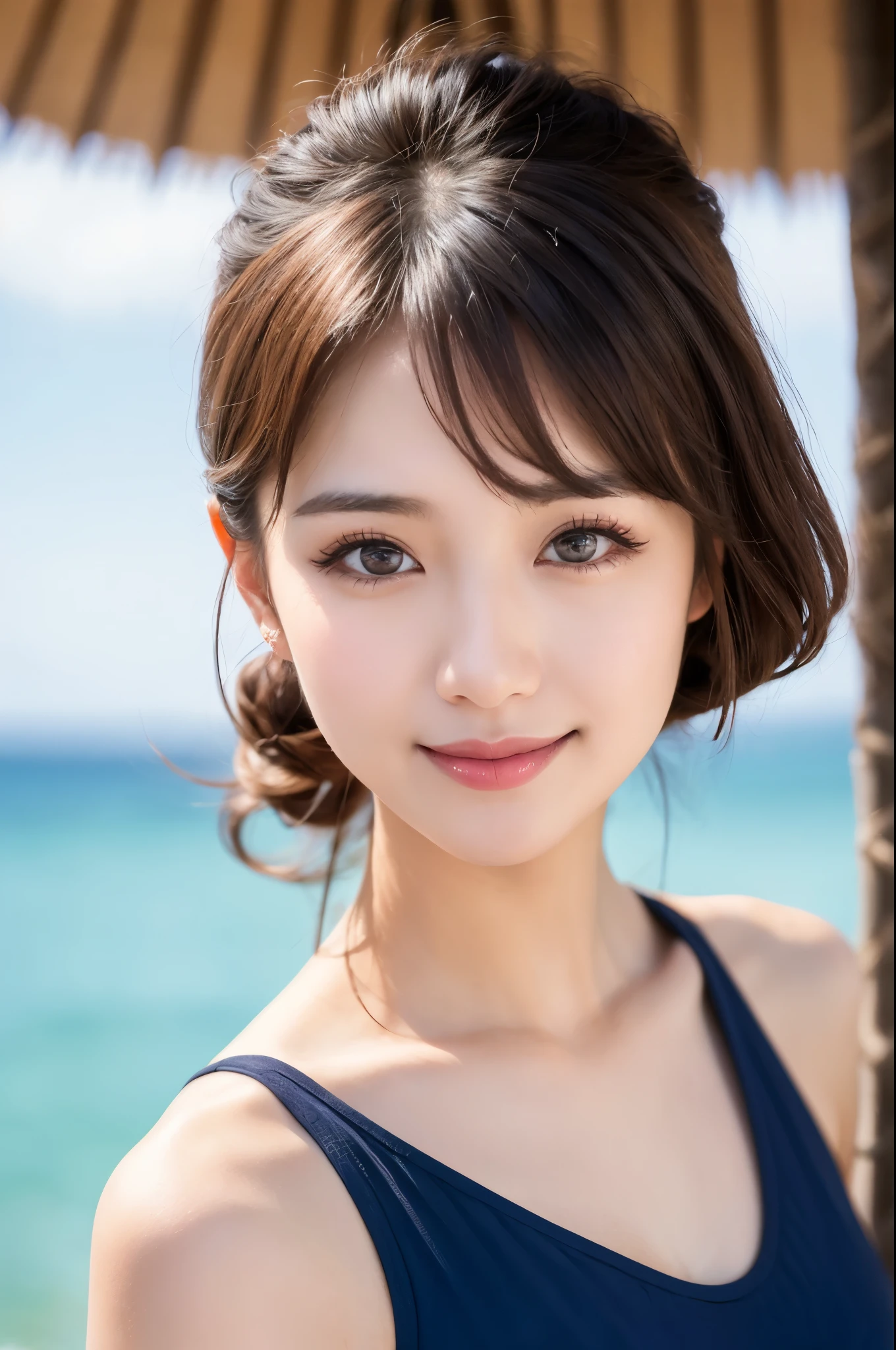 (((masterpiece))), (((highest quality: 1.4))), ((Very detailed: 1.4)) ,Ulzzang-6500-v1.1, (RAW Photos:1.2), (Realistic), (Genuine:1.4), Very detailed, Sharp focus, ((One Woman)), (Incredible beauty、Voluptuous mature woman), Japanese woman standing on a bridge in Miyako Islands、Stunningly beautiful blue ocean in the background、Random Color、Halter neck swimsuit、私の髪はWindに吹かれて乱れている、(Wind:2.2), happiness、romantic、joy、fine grain、Detailed face、Japanese Goddess、Duck Mouth、A very loving smile:1.8、happinessいっぱい、Perfect look,double eyelidの目,Delicate makeup,Cool Beauty, (Accurately expresses details such as face and skin texture), ((The most beautiful face and eyes)), double eyelid,Delicate skin, Shiny skin、Realistic skin texture、
