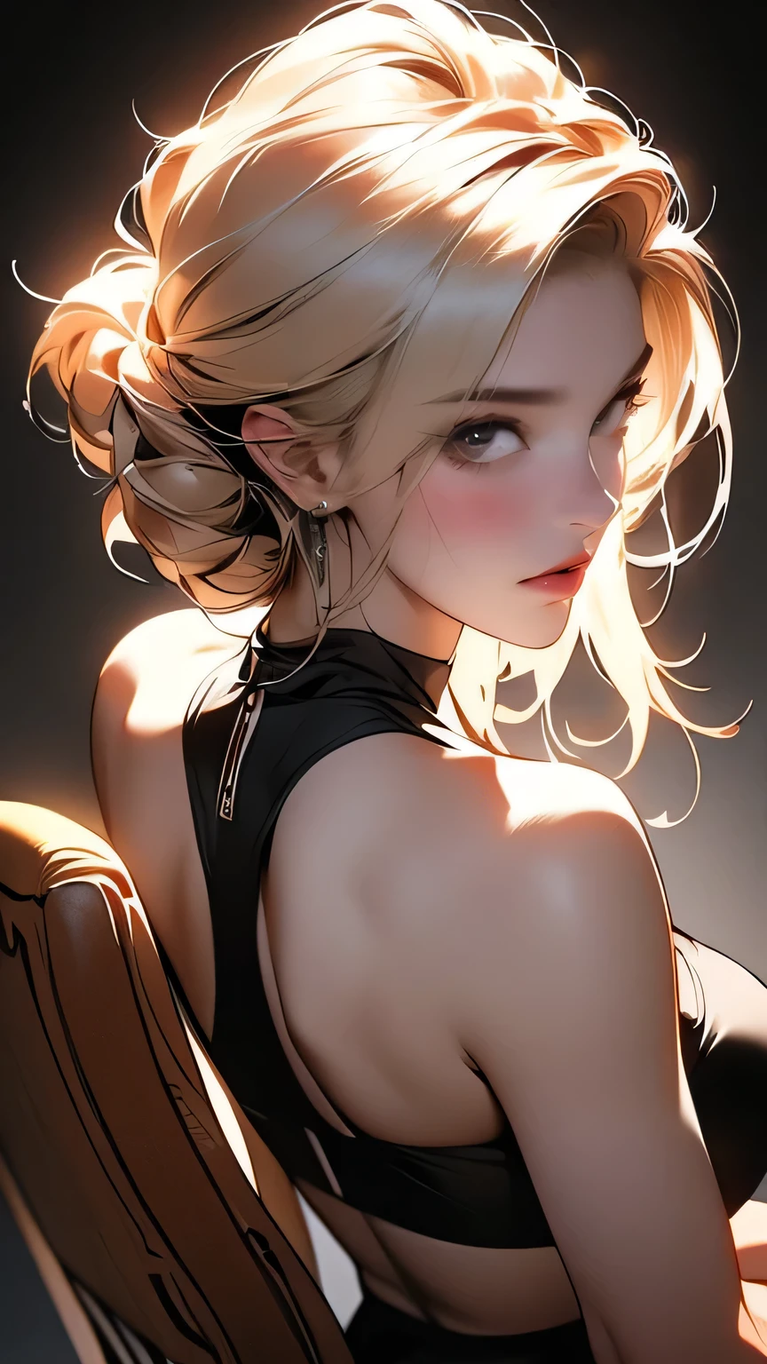 A woman wearing a semi-bikini set, Black and white bikini set, (((Bold pose using a chair))), ((Micro Panties)), Camel Toe, Blonde Short Hair, (front:1.5), (From below), (Beautifully detailed eyes), (Beautifully detailed face), (Very detailedな顔), ((Very detailed hand drawing:1.5)), ((Thick thighs)), (Beautiful body), (Wall thickness), (Pin spot on black background), (Gentle light), (Written boundary depth), (Very detailed), (Realistic))), 8k, wallpaper, masterpiece, 最high quality, high quality, High resolution､sexy, Upper body portrait, View from behind