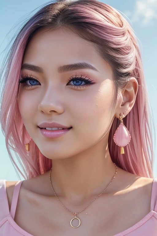 1 girl, Korean model, extremely beautiful, perfect body, tank top, jeans, necklace, earrings, bracelet, masterpiece, 8K, lifelike. Glossy pink lips, pink eyeshadow, eyelashes, blush, cosmetics, bright white skin, detailed pores, shiny skin, shiny skin. Her hair is pink, long and smooth, blowing in the wind ((floating)) under the bright sunlight. Close-up photo of the girl, sharp and highest contrast. Bright smile, pure white teeth, details. Blue eyes, seductive, ((sharp makeup)), realistic, ((wet eyes)), detailed, pink eyeshadow. Two delicate eyelids, perfectly beautiful, detailed, black eyelashes.