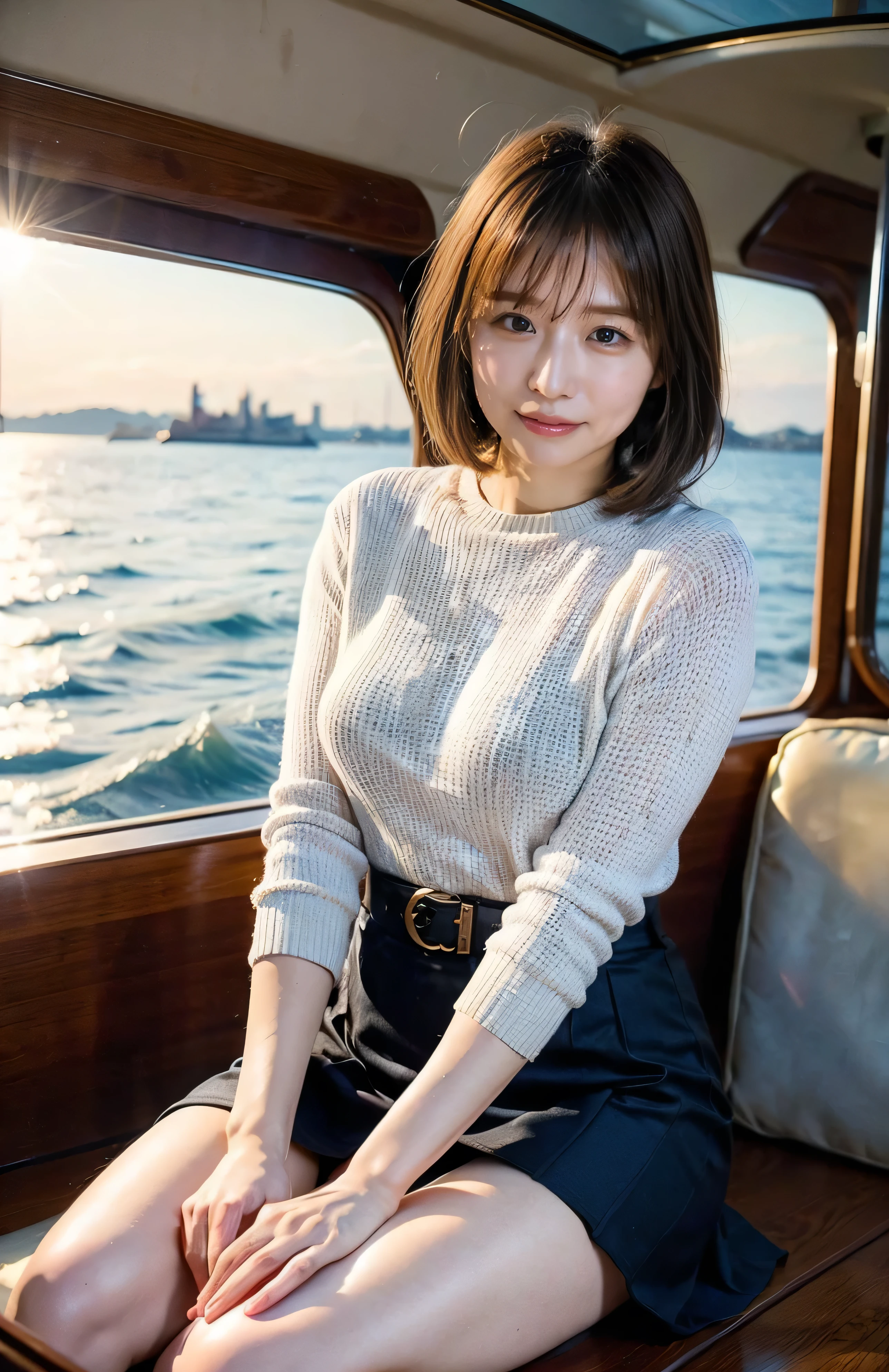 The sky turns red、Woman standing on a boat、Light brown hair、Elegant hairstyle、Blue Eyed Woman、A woman with a cute upward gaze、When the sky gets dark、The gentle light of the ship shines、The sky turns red as the sun sets、Tight clothing that shows your body lines、、Elegant navy blue summer knit、Elegant black summer sweater、belt、Short skirt、Dress elegantly着こなす、Luxury Bagedium Short Hair:1.4））、Skyscrapers seen across the sea、Manhattan 私sland is visible offshore、Woman on a sightseeing boat、、The sun shines on her、Light brown hair、Light brown hair、The sky was dyed red、There are clouds、private's cute、An elegantly dressed woman is sitting on a boat and watching the sunset、Her ample breasts are obvious even through her clothes..、The shining sun is so beautiful、Dusk is approaching、Lens flare、You can see the sunset、（（Sunlight reflecting off the ocean、Ocean View、The sun shines on the ocean、&#39;beautiful.、Small earrings、private&#39;evening、Birds are also flying、、Brown Hair Color、Tying up hair、The woman is on the right:1.4））、High-quality leather belt、Shiny clothes、Light beige hair color、Background Blur、Braid only the front hair、Light brown hair、｛｛Cowgirl Shot｝｝、（（Close-up shot from the waist up、Ample breasts:1.4））、Smile、Silk clothing、Ample breasts that can be seen even through clothes、Braid only the front hair、Cowboy Shot、Gorgeous white collared silk shirt and brown skirt、Dress elegantly、Luxury Bags、A lovely smile、（（Ample breasts））、Full body photo、ring、Short skirt、Tuck your hair behind one ear、Silver Necklace、smile、 Elegant ponytail、Caustics、Highly detailed photos、Very beautiful and ideal short hair、Super no makeup、(8k、RAW Photos、highest quality、masterpiece:1.2)、(Realistic、Realistic)、1 girl、((Medium Short Hair、Looking into the camera:1.4))、Hair blowing in the wind
