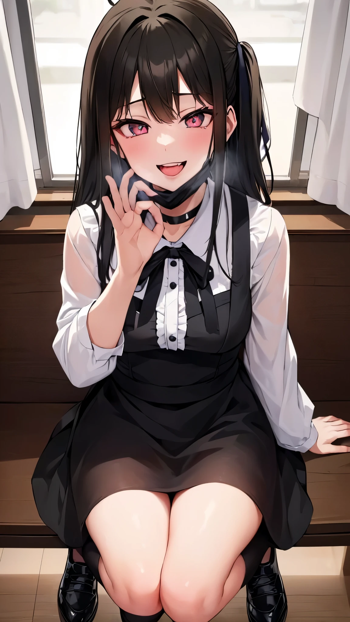  ((((Open your mouth))))、masterpiece,highest quality,High resolution,Very detailed,bb Festival,meだium hair,skinny,Ahoge,Brown Hair,(((((  Captivating smile ))))),skinny,Hair between the eyes,bangs,Hair Ribbon,Black Choker,Earrings,Black Ribbon,plaiだ shirt,Grey Shirt,shoulだer cutout,Short sleeve,See-through sleeves,Black Skirt,High Waist Skirt,Race,(((( Perfect Fingers )))) ,  shoes,(black shoes:1.4),Race trim,shoes,Black footwear,indoor,(Cafe:1.2),((Blowjob Gestures:1.5))、Open your mouth ,Sitting,Chair,Heavy breathing ,Hand in front of your mouth,Hand in front of mouth, manga,text,magazine、(Black mask:1.2, mask pull:1.3)、Squint your eyes、Sharp Eye、((steam,sweat、Vulgarity)),(Late Night:1.8, Dark lighting:1.6, dark:1.8, Spotlight, Heart-shaped pupils:1.2, motion blur)