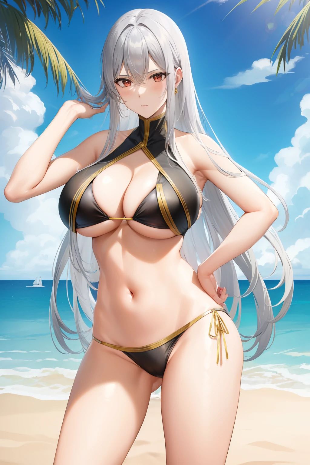 Obra maestra, 4k, La mejor calidad, Selvaria, bikini , Bikini de corbata lateral, Playa, Mar, sombrilla, sentada, Mirando al espectador, ruboroso