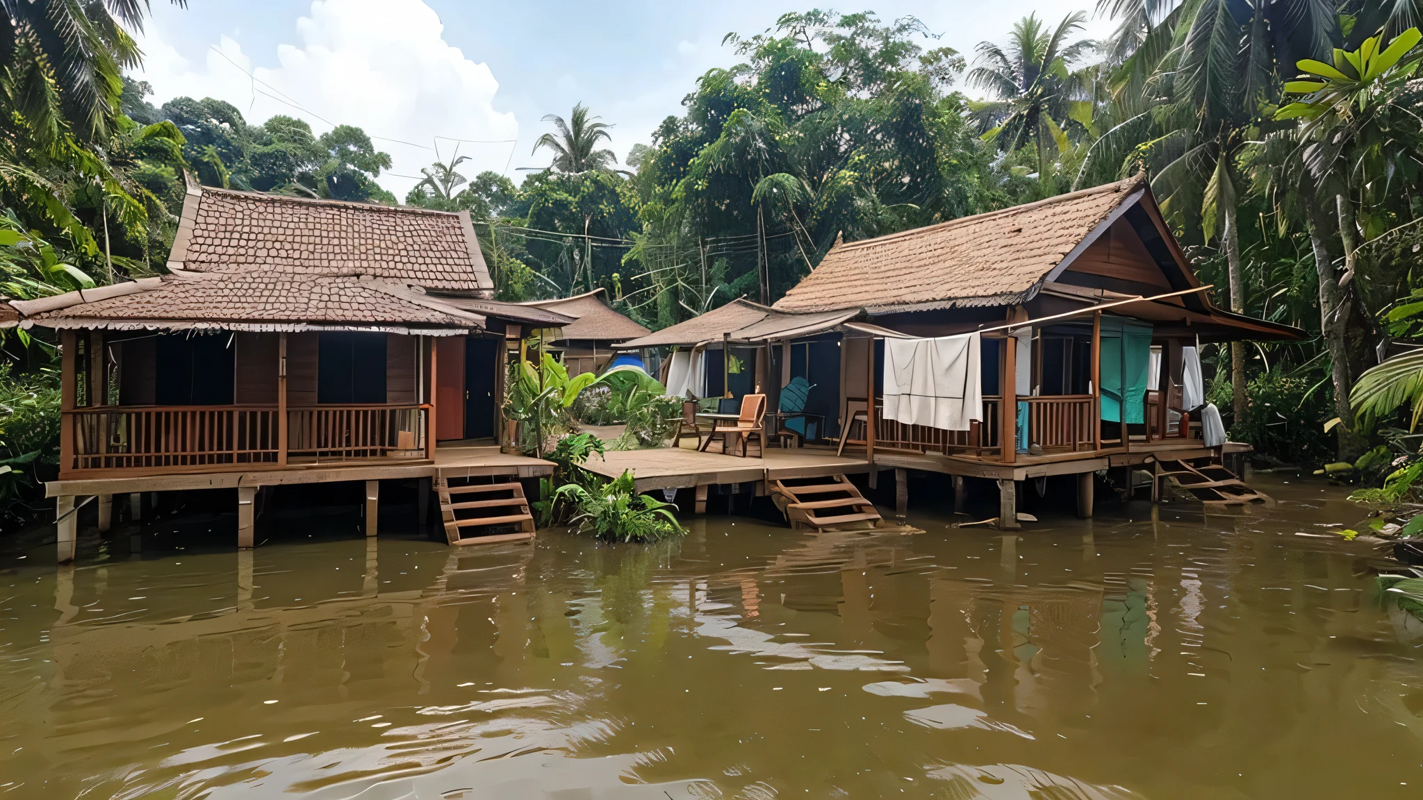 
membuat gambar rumah lumpur putih yang sangat sederhana, seperti rumah pedesaan, 2 pohon di sisi kanan rumah, tepat di depan, sinar matahari yang bersinar, seni realistis, Definisi tinggi, 16:9, anime, gaya pedesaan, desa
Ada sungai di samping rumah dengan air jernih dan dedaunan yang basah