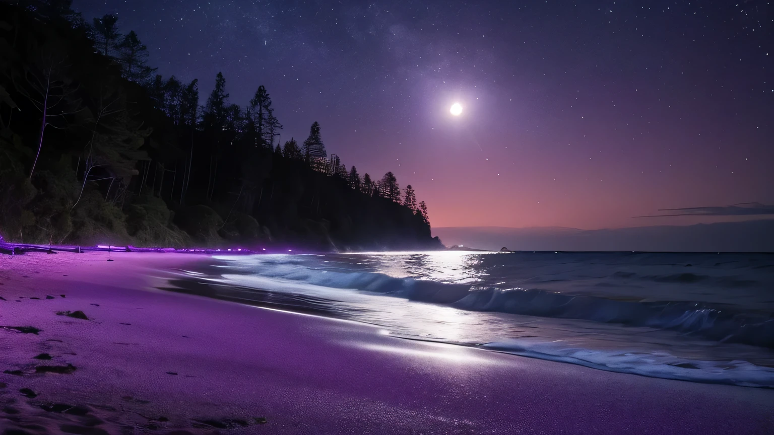 Moonlit beach leading to a dark forest, Purple skies illuminate the beach water