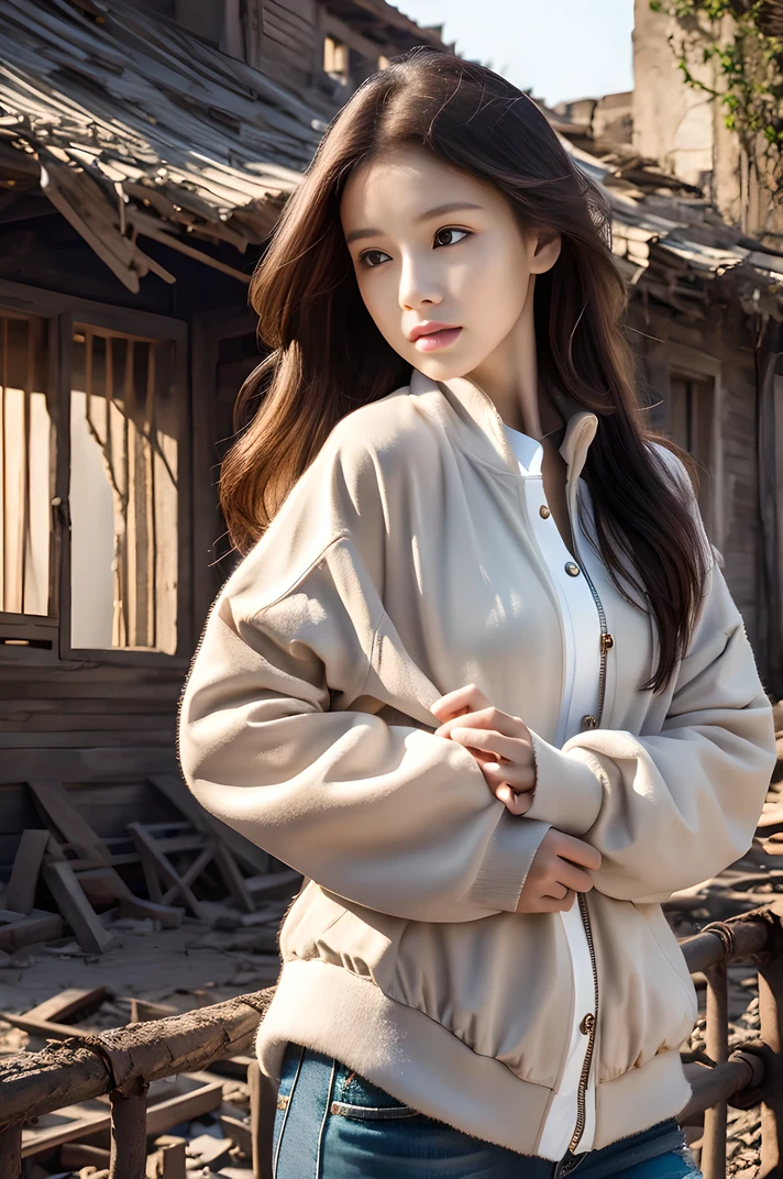 Broken House、１girl、High resolution、30-year-old woman、Wearing a jacket、Finish as shown in the picture、Her skin is white and beautiful、Colored inside、Professional photography、Photorealistic、Professional Lighting、masterpiece、Very delicate and beautiful、