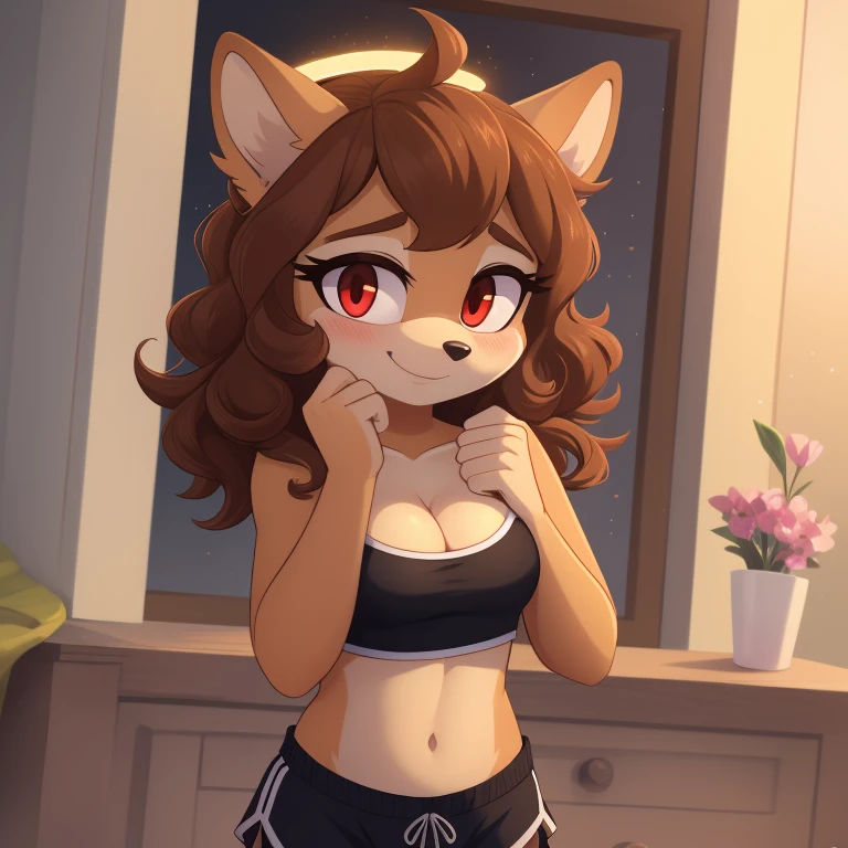 mobian, hedgehog, two-tone fur ((orange fur, brown fur)), pyjama elastic shorts, strapless crop top, cleavage, high-top sneakers, two-tone hair (brown hair, black tip)), curly hair, halo, sunglasses, jewelry, red eyes, longeyelashes, red eyes, smile, shy, blush, high detail, masterpiece, UHD, anatomically correct, super detail, highres, 4K