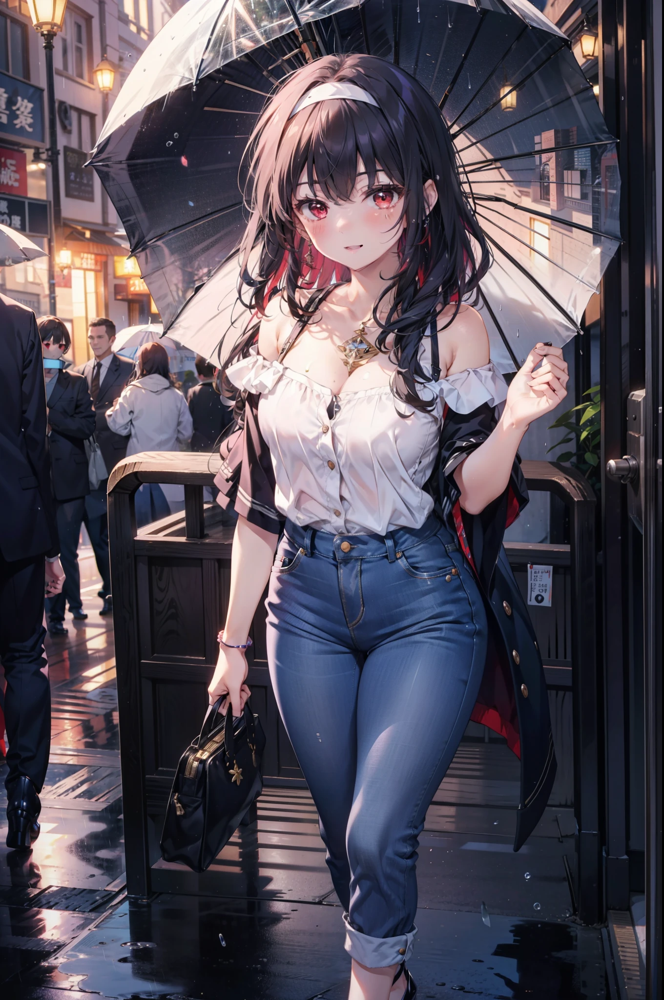 For profit, utaha kasumigaoka, Black Hair, hair band, Long Hair, (Red eyes:1.5), blush,blush,happy smile, smile, Open your mouth,whole bodyがイラストに入るように,Looking down from above,Cold shoulder tops,Short sleeve,Skinny jeans,Stiletto heels,walking,Cloudy,rain,black umbrella,black umbrellaのグリップを持っている,whole bodyがイラストに入るように,
break looking at viewer,whole body,
break outdoors, Building district,
break (masterpiece:1.2), highest quality, High resolution, unity 8k wallpaper, (figure:0.8), (Beautiful fine details:1.6), Highly detailed face, Perfect lighting, Highly detailed CG, (Perfect hands, Perfect Anatomy),