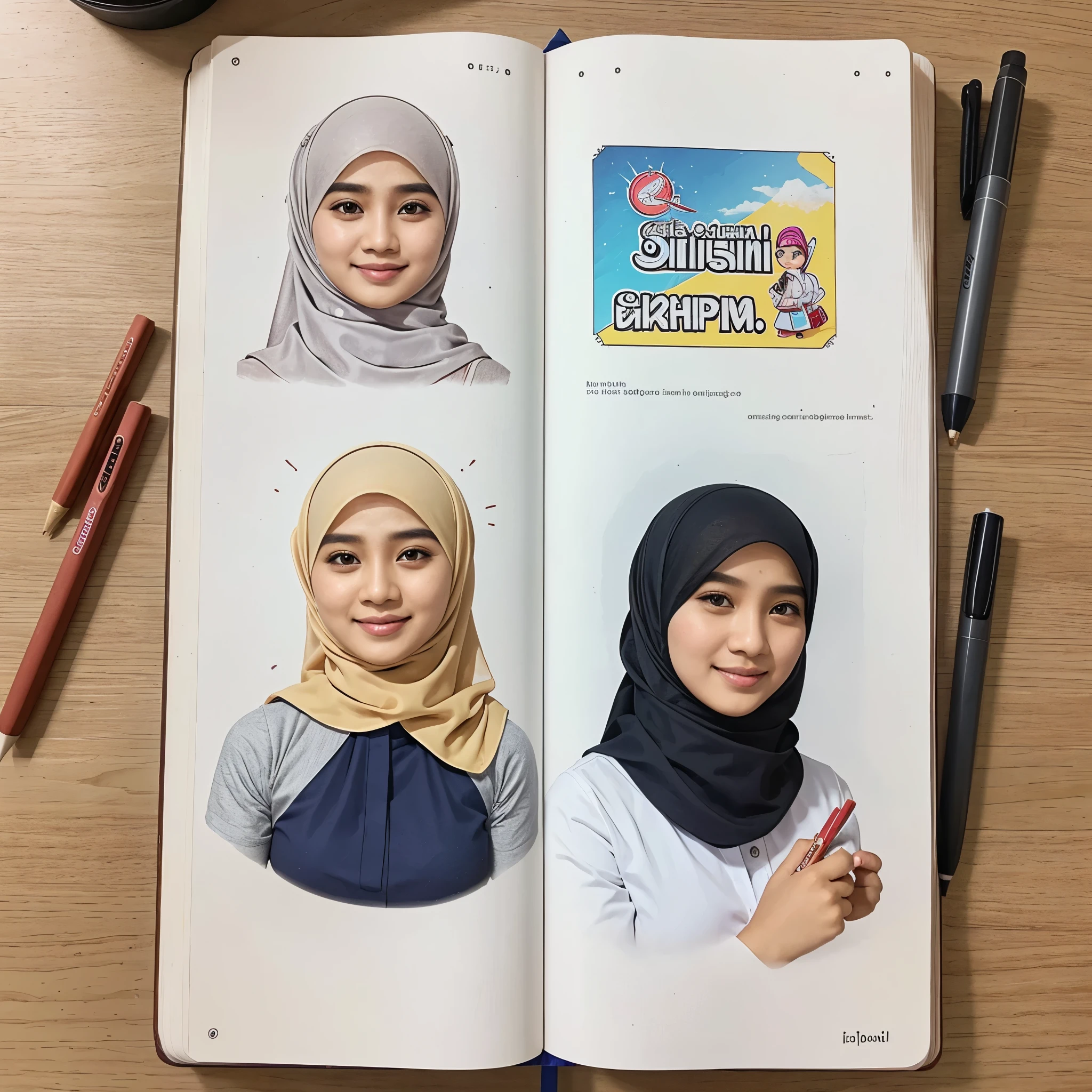 gambarkan dengan pensil ilustrasi seorang pria dan dua wanita berhijab ngevlog berdiri di depan kamera dengan latar belakang kampus yang cerah