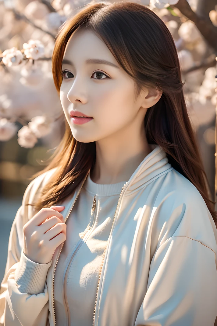 High resolution、30-year-old woman、Wearing a jacket、1girl、Have a camera、Finish as shown in the picture、Her skin is white and beautiful、Colored inside、Professional photography、Photorealistic、Professional Lighting、masterpiece、Very delicate and beautiful、