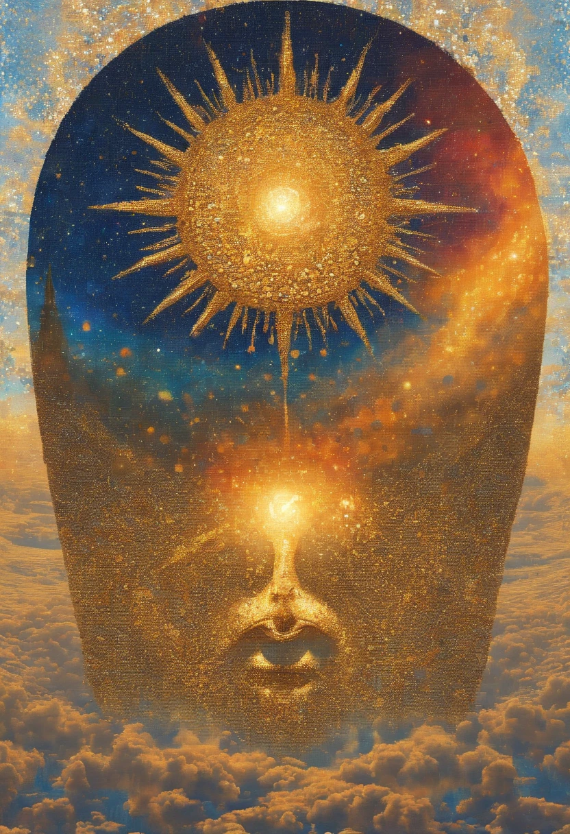 Anthropomorphic sun,Dazzling golden glow,blue sky,Mysterious Otherworld,Amazing view,The best healing.