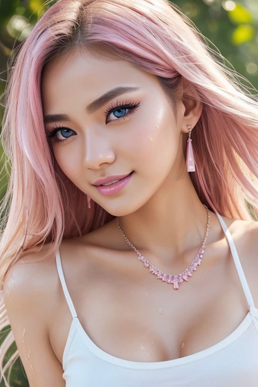 1 girl, Korean model, extremely beautiful, perfect body, tank top, jeans, necklace, earrings, bracelet, masterpiece, 8K, lifelike. Glossy pink lips, pink eyeshadow, eyelashes, blush, cosmetics, bright white skin, detailed pores, shiny skin, shiny skin. Her hair is pink, long and smooth, blowing in the wind ((floating)) under the bright sunlight. Close-up photo of the girl, sharp and highest contrast. Bright smile, pure white teeth, details. Blue eyes, seductive, ((sharp makeup)), realistic, ((wet eyes)), detailed, pink eyeshadow. Two delicate eyelids, perfectly beautiful, detailed, black eyelashes. Eyebrows are curved, sparse, sharp and detailed.