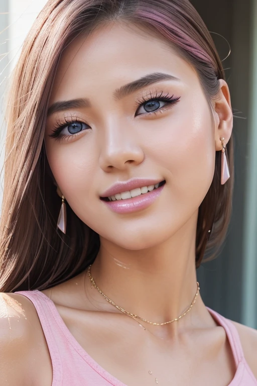 1 girl, Korean model, extremely beautiful, perfect body, tank top, jeans, necklace, earrings, bracelet, masterpiece, 8K, lifelike. Glossy pink lips, pink eyeshadow, eyelashes, blush, cosmetics, bright white skin, detailed pores, shiny skin, shiny skin. Her hair is pink, long and smooth, blowing in the wind ((floating)) under the bright sunlight. Close-up photo of the girl, sharp and highest contrast. Bright smile, pure white teeth, details. Blue eyes, seductive, ((sharp makeup)), realistic, ((wet eyes)), detailed, pink eyeshadow. Two delicate eyelids, perfectly beautiful, detailed, black eyelashes. Eyebrows are curved, sparse, sharp and detailed.