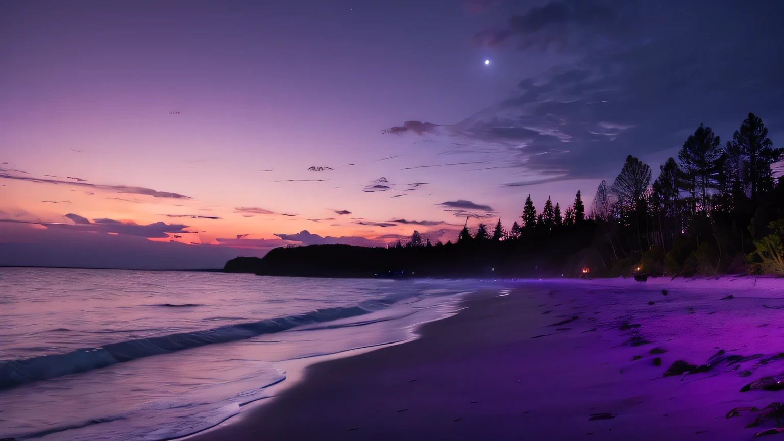 Moonlit beach leading to a dark forest, Purple skies illuminate the beach water