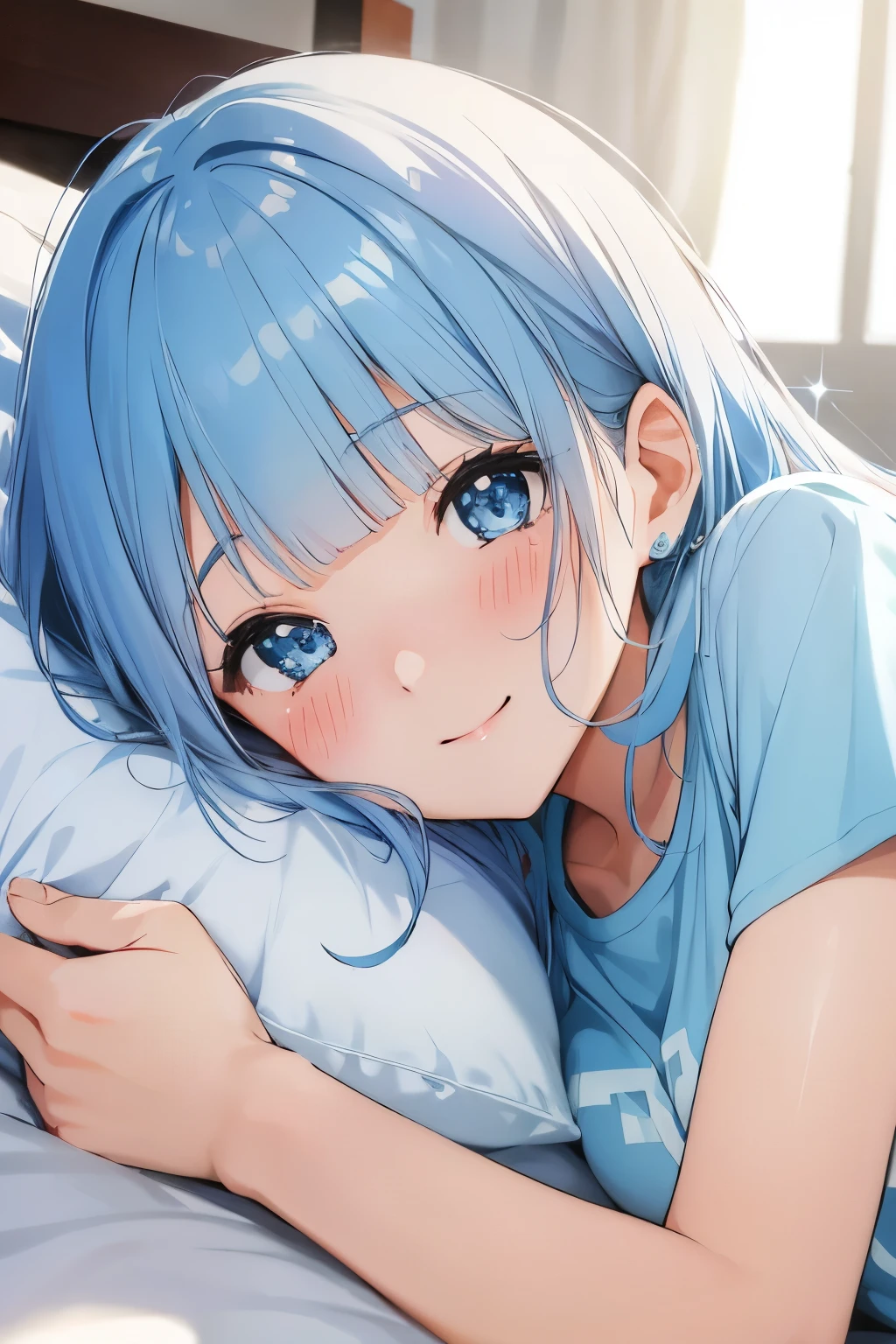 Masterpiece、highest quality、1 female、Super detailed　pastel Blue Hair、Blunt Bangs　Blue Eyes、Sparkling Eyes　Smiling、blush　T-Shirts　Face is close、Facial Close-up、Bring your face closer、Lying on the Sheets、Lying on your side　Sheets