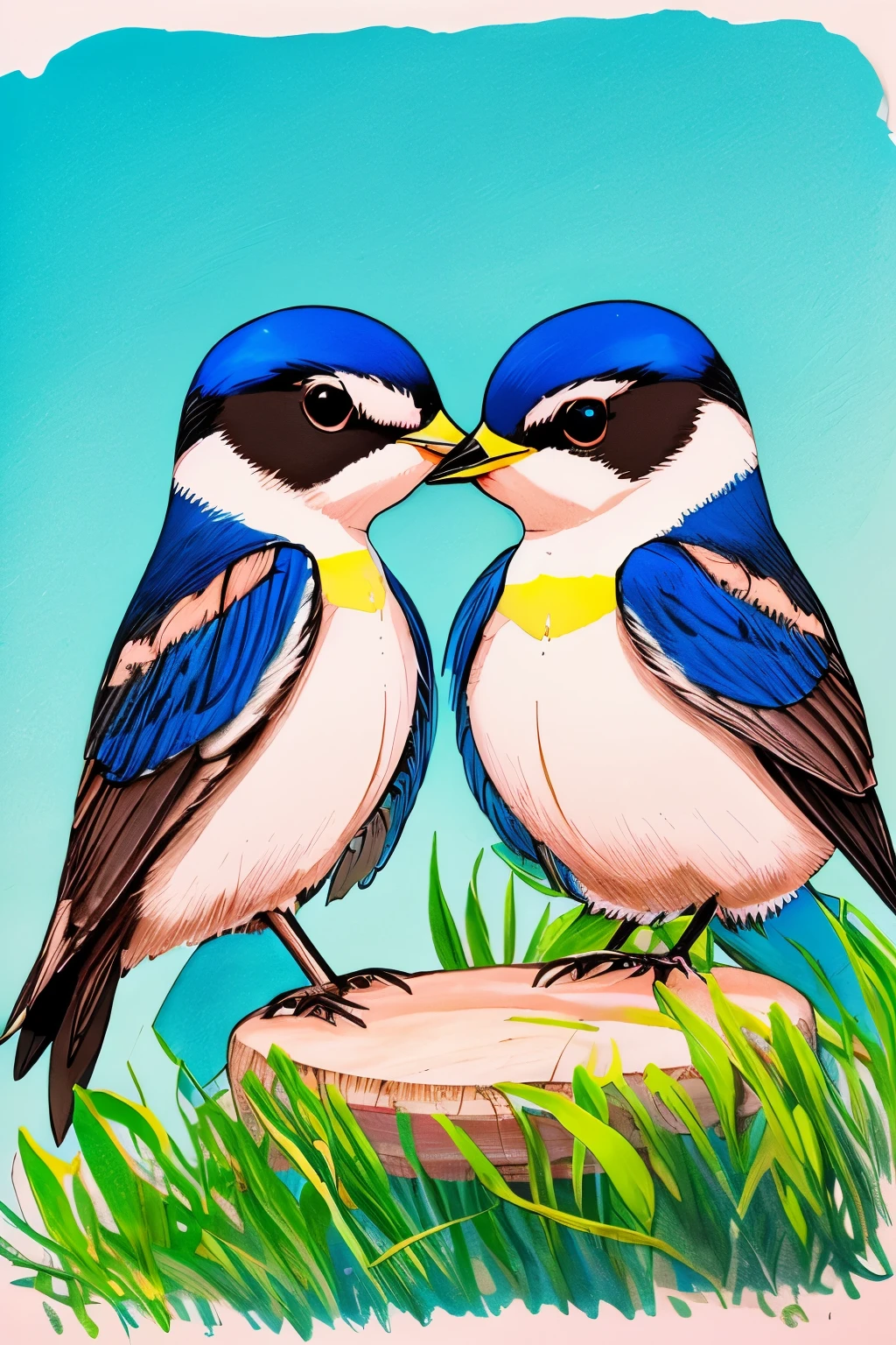 Swallow chicks waiting for their mama,luminous design, pastel colours, ink drips, summer lights