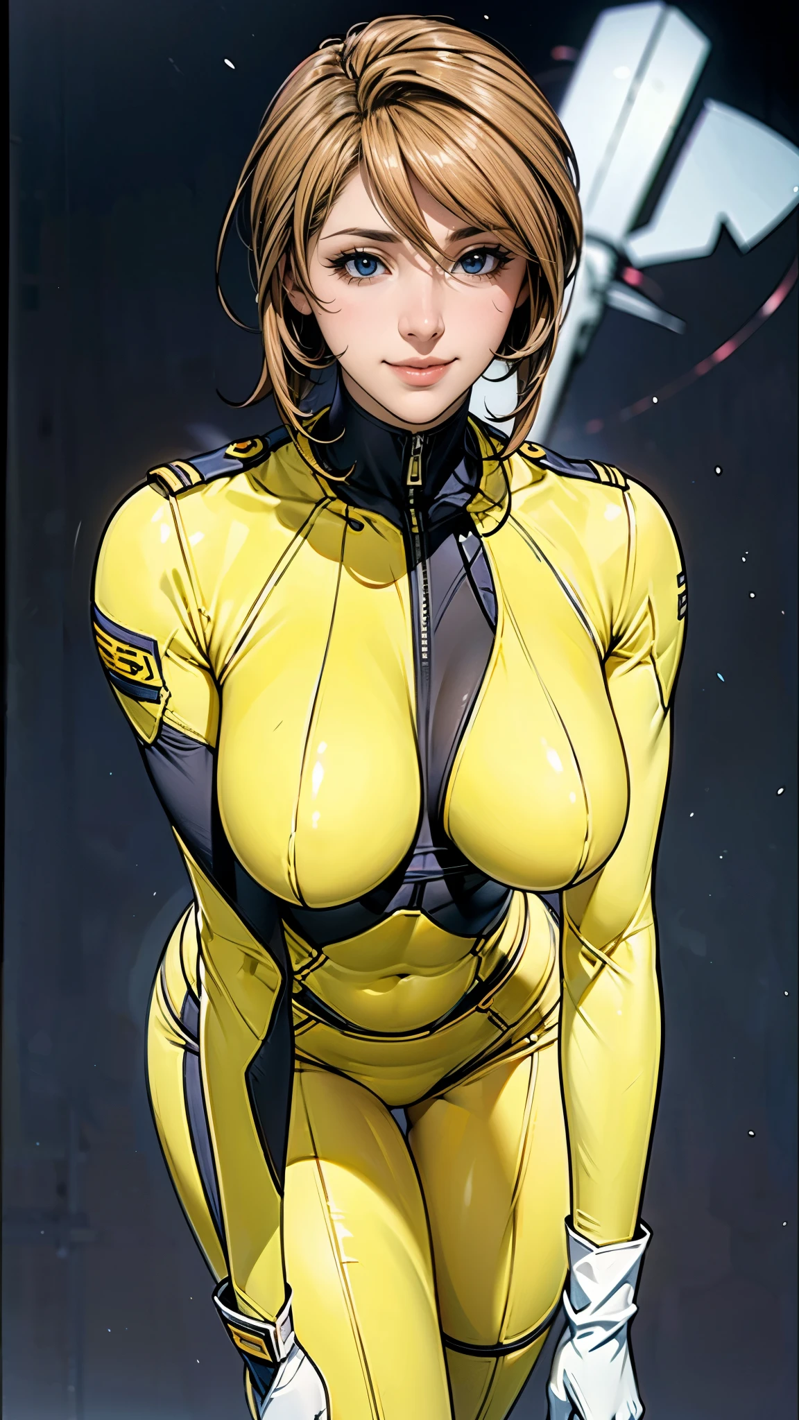 (masterpiece),(highest quality),(Very detailed),(High resolution),(Photorealistic Stick),(Realistic),(8k),wallpaper,Perfect lighting,BREAK(One Woman),((MoriYuki:1.5)),(MoriBodysuit, yellow bodysuit, belt:1.5),(MoriUniform, white gloves, military uniform, brown jacket, ascot, belt:1.5),(22 years old),(((Extremely form fitting bodysuit:1.5))),(((Very detailedなボディスーツの描画:1.5))),(Beautiful Eyes:1.5),(Detailed face drawing:1.5),(Detailed face drawing:1.5),((Very detailedな女性の手:1.5)),(Shiny skin:1.0),(((Very muscular:1.5))),((Big Breasts:1.5)),(Fleshy),(((Thick thighs:1.5))),(Sensual body),(black background:1.5),(((Blur the background:1.5))),(((leaning forward:1.5))),(((Warm-Smile:1.5)))