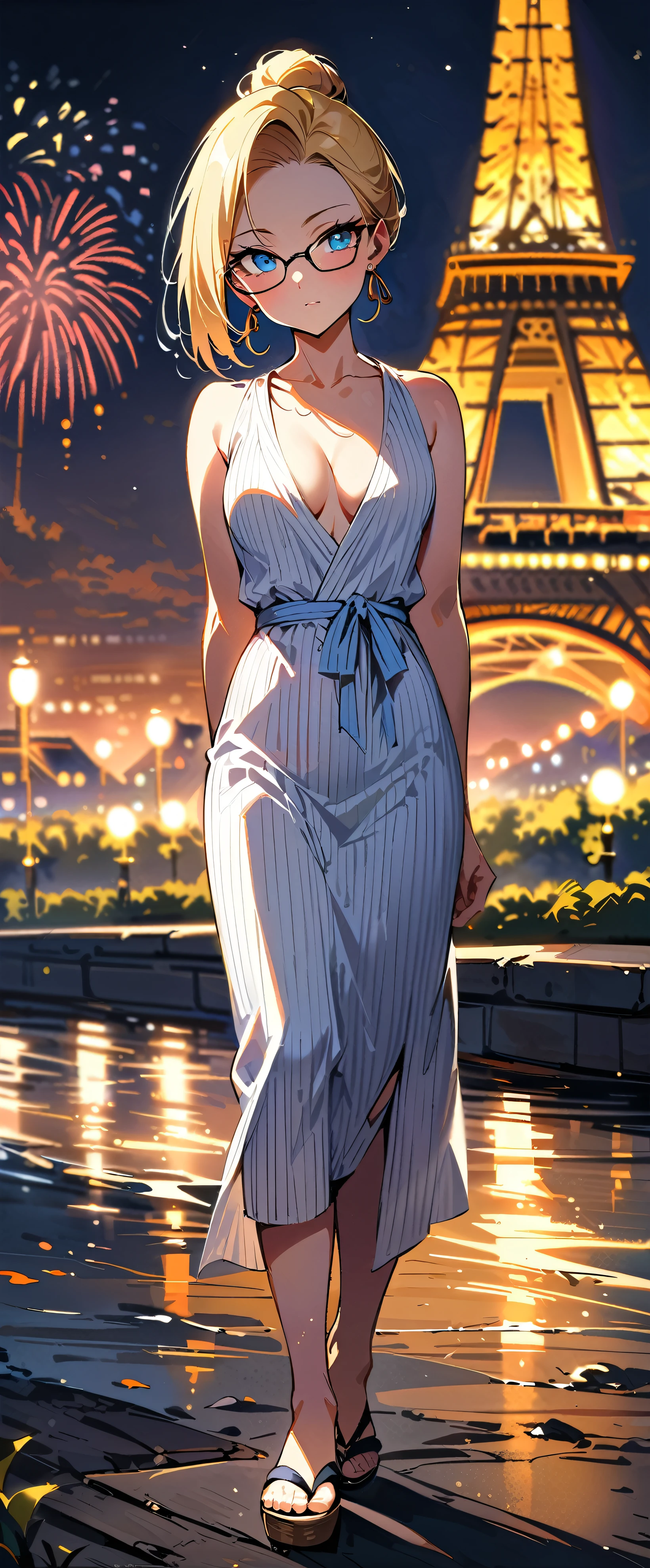 (masterpiece, best quality:1.2), solo, Android 18 from Dragon Ball, white long yukata, stripe, Japanese sandals, small breasts, blonde hair, (single hair bun), ((blue eyes)), ((wearing glasses)), earrings on earlobes, slender feminine figure, narrow waistline, skinny body, head tilt, light blush, arms behind back, walking, the Eiffel Tower, riverside, natural lighting and shadows, night, firework, a bit of cleavage, sleeveless, magnificent view, blur background, 4K