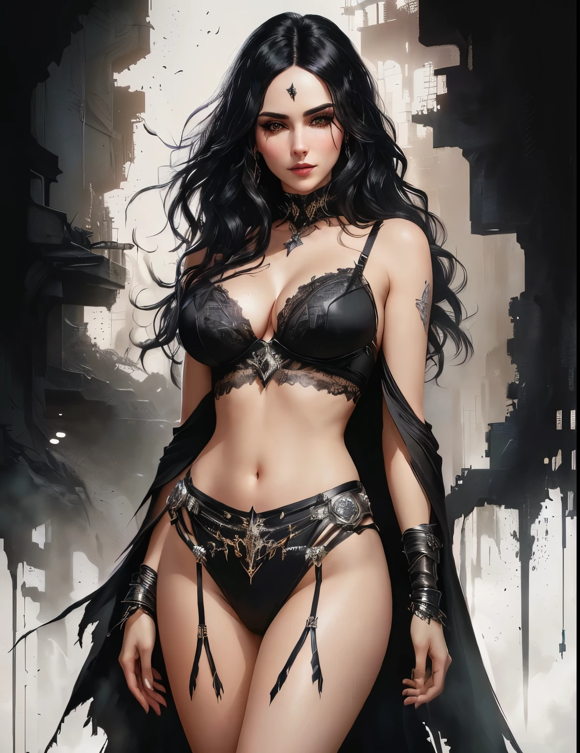 arafed image of a woman in a black lingerie and a cape, seductive cyberpunk dark fantasy, yennefer, fantasy woman, beautiful sorceress, yennefer of vengerberg, fantasy outfit, trendin on artstation, a beautiful sorceress, goddess. extremely high detail, black - haired mage, very sexy woman with black hair