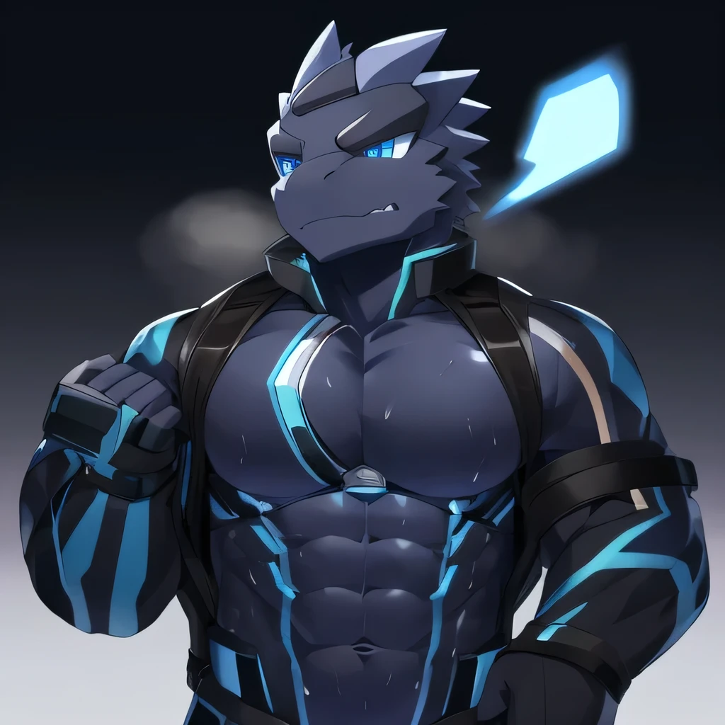 Thin macho　western black dragon　　abs　　　　　Hollow abs　　body suit　　thick arms　　　chest rig　　　、sweaty　　　skin glow　　profile　　Wearily　short of breath　　  　Chemo shota　　
have a 　blue eyes　Tired look　Glowing abs　Deep abdominals jacket　profile