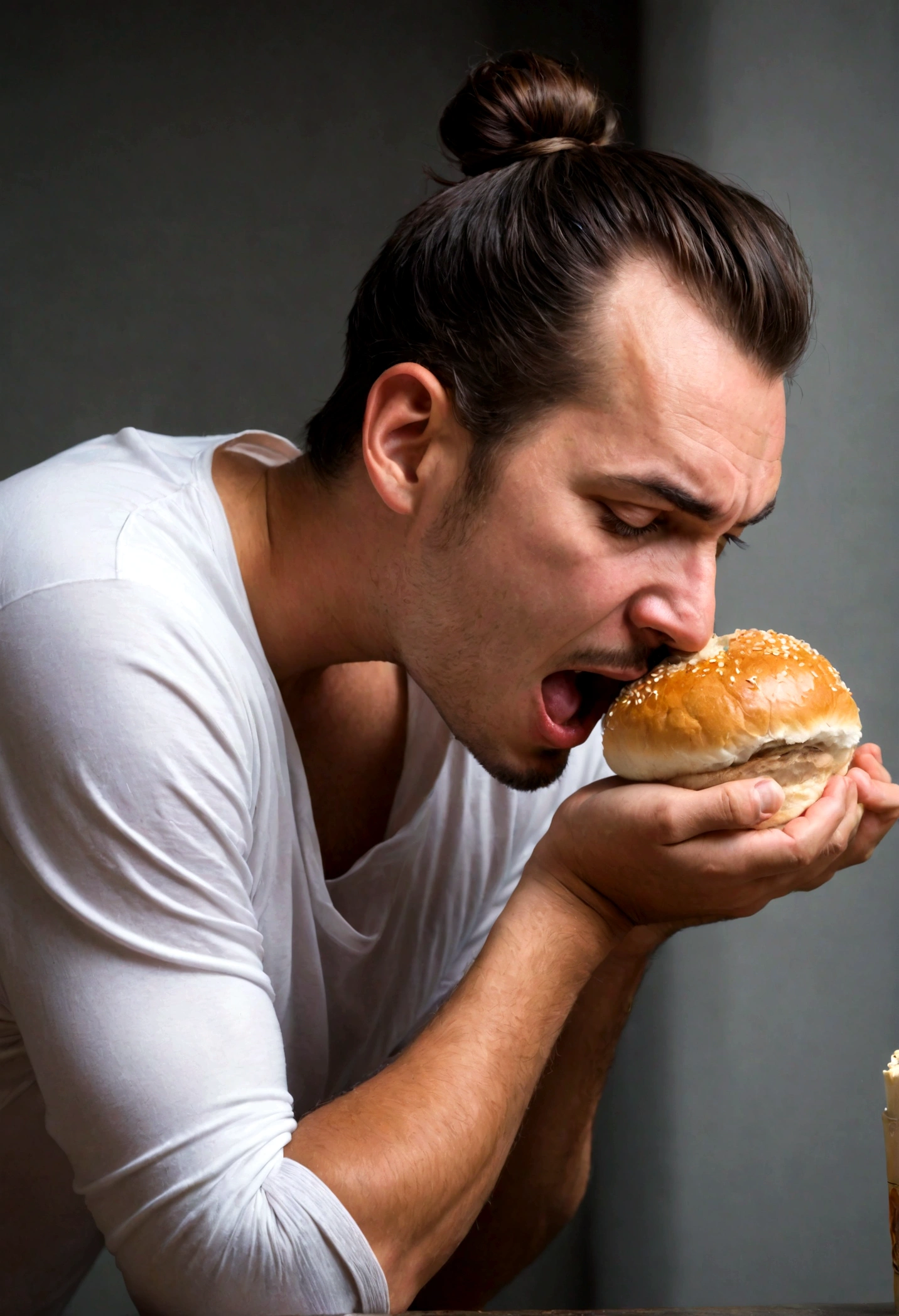A man bites his head into a bun