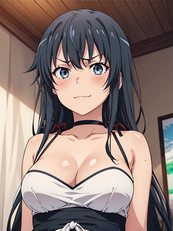 ((masutepiece, Best Quality, hight resolution, nffsw, Perfect Pixel, depth of fields, 4K, )), 1girl in, Solo, , Beautiful anime girl, Beautiful Art Style,
very low view angle:1.3, view from below:1.5, sky from below:1.5, living room background,
Perfect body, happy face:1.5 portrait:1.4, goth dress, angry face, lowered eyebrows, :(,
yukinoshita yukino, large breasts,
Full face blush, red face,
straight on:1.3, medium shot