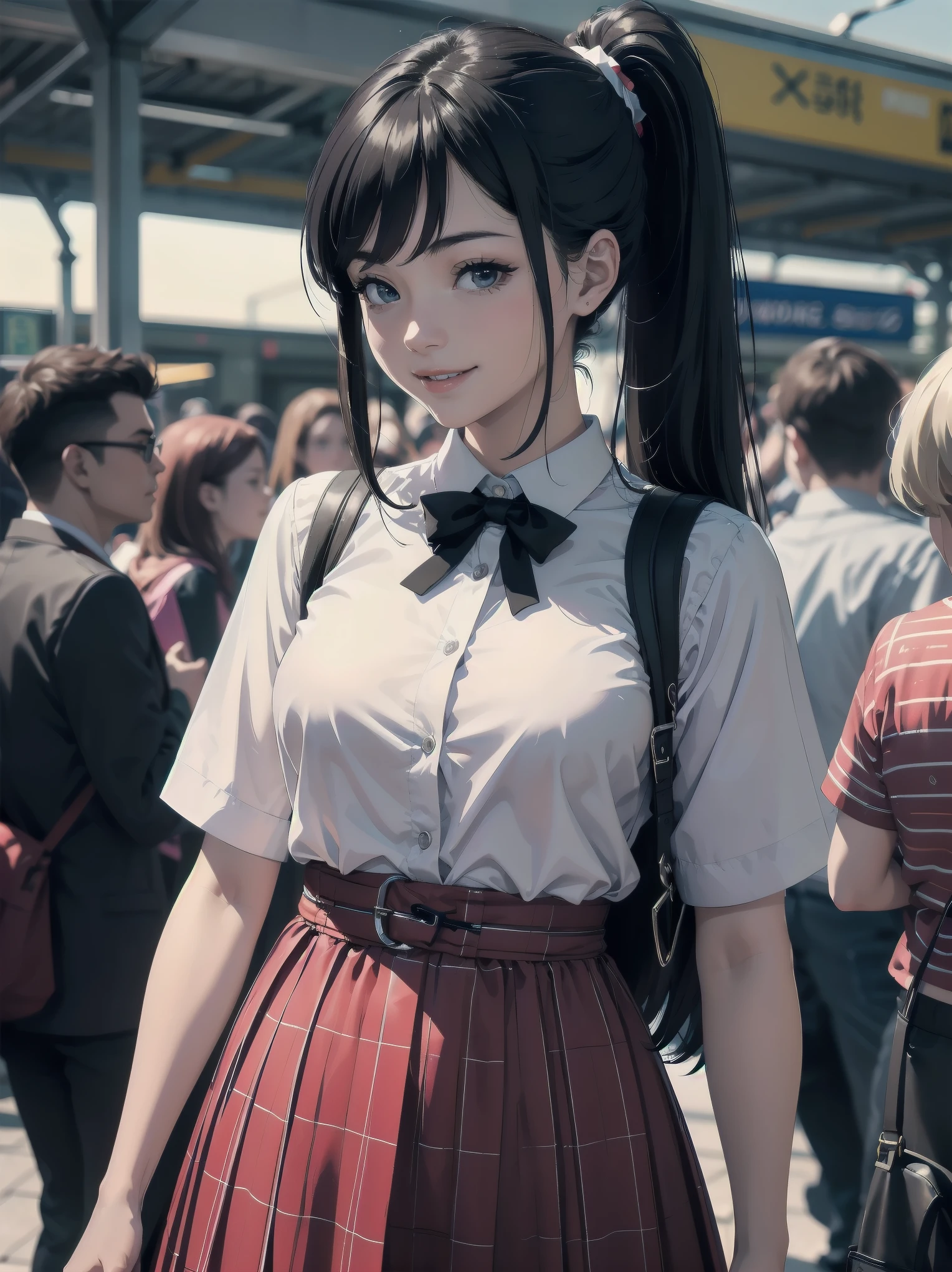 Masterpiece, high quality, high resolution, semi-realistic, 2.5D, perfect anatomy, super-detailed and detailed illustrations, sfw,
Subject: pretty, crowd.
Subtitle: {long black hair in ponytail}, {red checked skirt and white blouse}, {smiling in crowd}, {station platform}, {glowing smile}, {high sensitivity camera, f/1.4, 1/500 sec, ISO 800, subject tracking auto focus}

A beautiful girl with long black hair pulled back in a ponytail stands on a busy station platform. Wearing a red checked skirt and white blouse, she smiles at the crowd. Her radiant smile is so attractive that it makes you forget the hustle and bustle of the surroundings. In the background, hurrying commuters come and go, giving the city a lively atmosphere. Shot with a high-sensitivity camera at f/1.4 aperture, shutter speed 1/500 s at ISO 800, the beautiful girl is clearly captured in the crowd by the subject tracking autofocus function. The blurring of the people in the background makes her stand out as if she were in the spotlight.