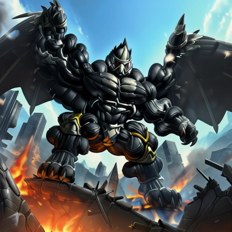 (masterpiece. official art. 8k. best quality. detailed full body. full body.)

(situation 1 : dominating cinderace. cinderace is over 1000 meters long. focus GIANT mechanical Muscular cinderace is trampling the soccer field. Looking down. macro. stomp.)

(situation 2 :smoke and flames rising from the destruction in the soccer field.)

(Additional details 1: Its nanosut emphasizes the muscles. wearing crNanosuit. nanosuit. creating crNanosuit. black visor. wearing a full-face helmet. a fantasy-style biomecha armored combat suit. composite layered chest armor. fully enclosed shoulder guards. hero in anime style. perfect body proportions. golden ratio)

(Additional details 2: (Detailed head. Detailed Body. Detailed abs. gigantic muscles. HYPER MUSCLES. Gigachad Muscular. big muscle. pecs. triceps. traps. unusually developed muscular body. body full of huge muscles. showing off muscles. pectorales enormes. Exaggeratedly huge muscles. huge muscles. long legs.).

(Additional details 3: Spread wings. It has wings. have big wings. black wings. The claws are sharp. Sharp teeth.5 toes).