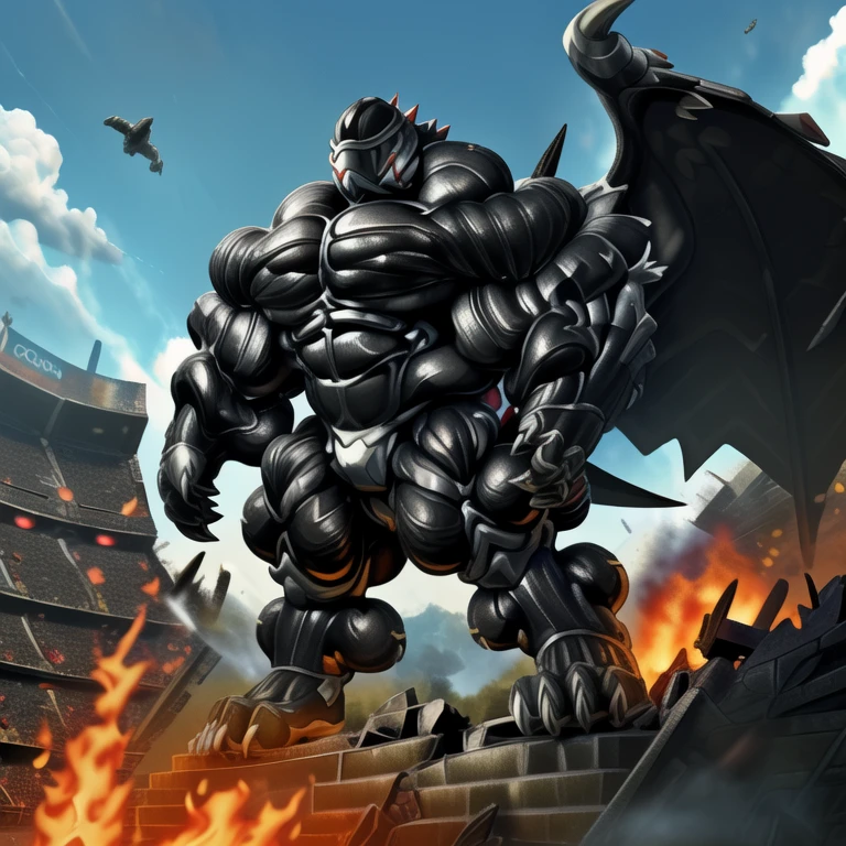 (masterpiece. official art. 8k. best quality. detailed full body. full body.)

(situation 1 : dominating cinderace. cinderace is over 1000 meters long. focus GIANT mechanical Muscular cinderace is trampling the soccer field. Looking down. macro. stomp.)

(situation 2 :smoke and flames rising from the destruction in the soccer field.)

(Additional details 1: Its nanosut emphasizes the muscles. wearing crNanosuit. nanosuit. creating crNanosuit. black visor. wearing a full-face helmet. a fantasy-style biomecha armored combat suit. composite layered chest armor. fully enclosed shoulder guards. hero in anime style. perfect body proportions. golden ratio)

(Additional details 2: (Detailed head. Detailed Body. Detailed abs. gigantic muscles. HYPER MUSCLES. Gigachad Muscular. big muscle. pecs. triceps. traps. unusually developed muscular body. body full of huge muscles. showing off muscles. pectorales enormes. Exaggeratedly huge muscles. huge muscles. long legs.).

(Additional details 3: Spread wings. It has wings. have big wings. black wings. The claws are sharp. Sharp teeth.5 toes).