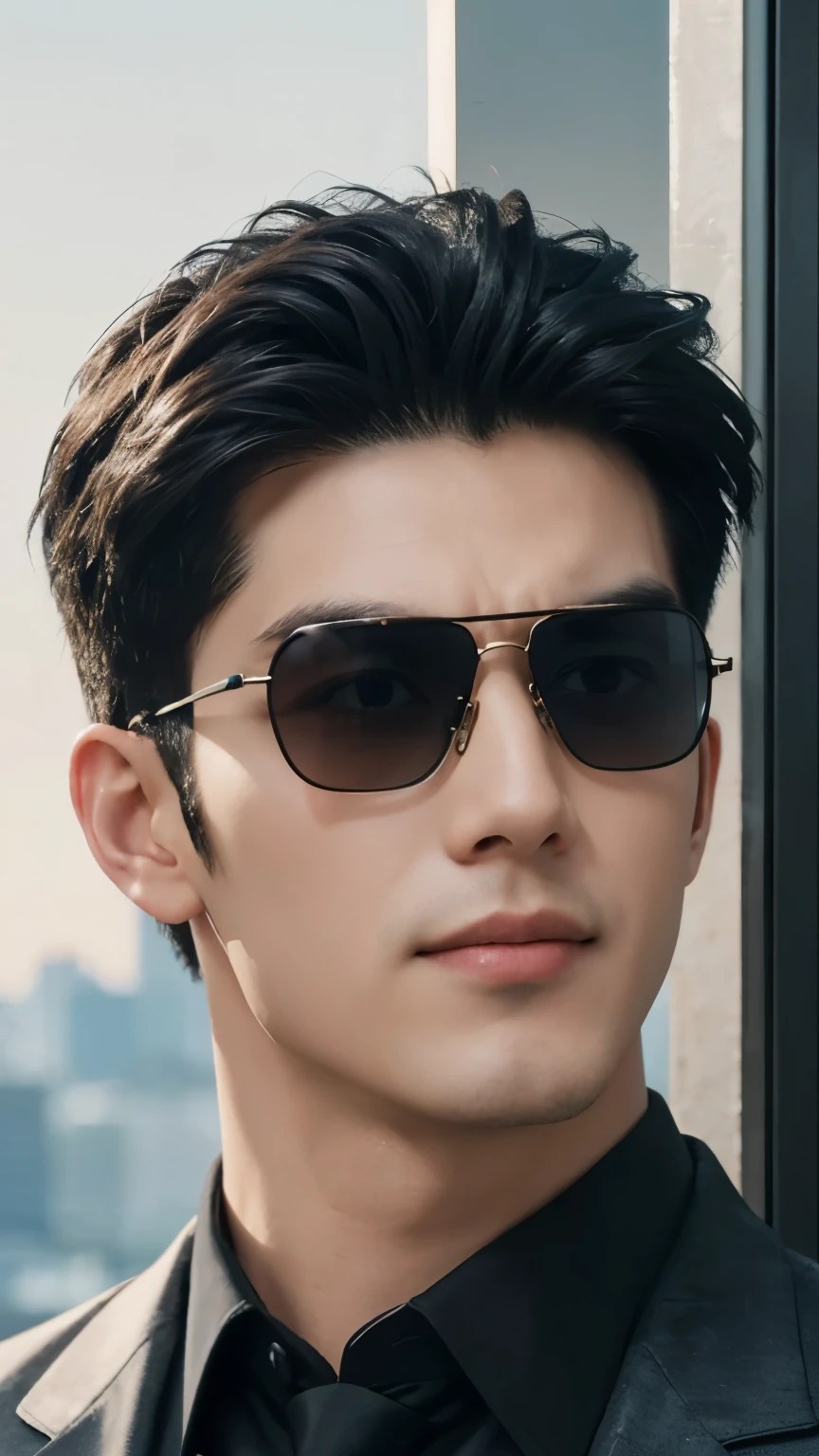 (Men)), (head shot), (front view), (half body view), (Handsome muscular man in his 30s wearing black pilot sunglasses, and luxury black suit), zi wang (Prince chiu), angry smile, (detail: 1 in 1), Natural muscles, HIG quality, beautiful eyes, (Detailed face and eyes), (Face、: 1 / 2), fresh lips, Noise, Real Photographics, ... ...................................................................................................PSD, Sharp Focus, High resolution (8K), realistic & Professional Photography, 8K UHD, Soft lighting, High quality, Film grain, FujifilmXT3