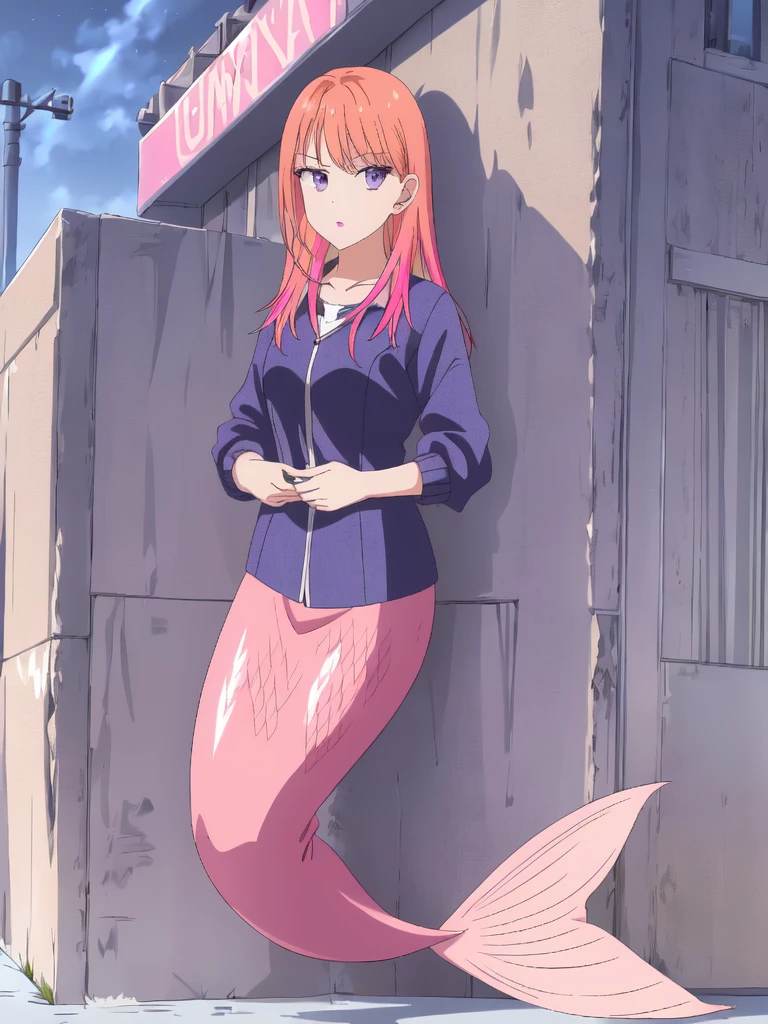 mermaid, mermaid tail below waistline, ((best quality)),((highly detailed)),masterpiece,absurdres,detailed face,beautiful face,(detailed eyes, deep eyes),(1girl),((dynamic pose)),Nikoru, 1girl, solo, long hair, purple eyes, multicolored hair, jewelry, pink hair, bangs, two-tone hair, lipstick, shiny hair, makeup, shiny, streaked hair, blonde hair, orange hair, hair between eyes, straight hair, pink lips,jacket, walking, at night, (eyes looking away from the viewer:1.3, looking away from viewer:1.3), ripped jeans, hands in pocket, nighttime, city streets, neon signs,, open jacket