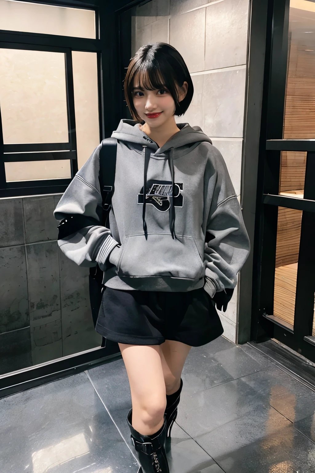 One girl、black hair、short hair、Logo hoodie(gray)、hot pants(black)、boots with buckles(black)、indoor、Earthen floor、Showa Retro、While walking、smile、Diagonal view from below