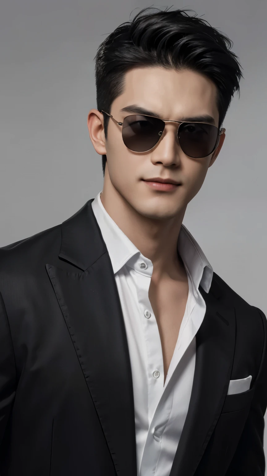 (Men)), (head shot), (front view), (half body view), (Handsome muscular man in his 30s wearing black pilot sunglasses, and luxury black suit), zi wang (Prince chiu), angry smile, (detail: 1 in 1), Natural muscles, HIG quality, beautiful eyes, (Detailed face and eyes), (Face、: 1 / 2), fresh lips, Noise, Real Photographics, ... ...................................................................................................PSD, Sharp Focus, High resolution (8K), realistic & Professional Photography, 8K UHD, Soft lighting, High quality, Film grain, FujifilmXT3