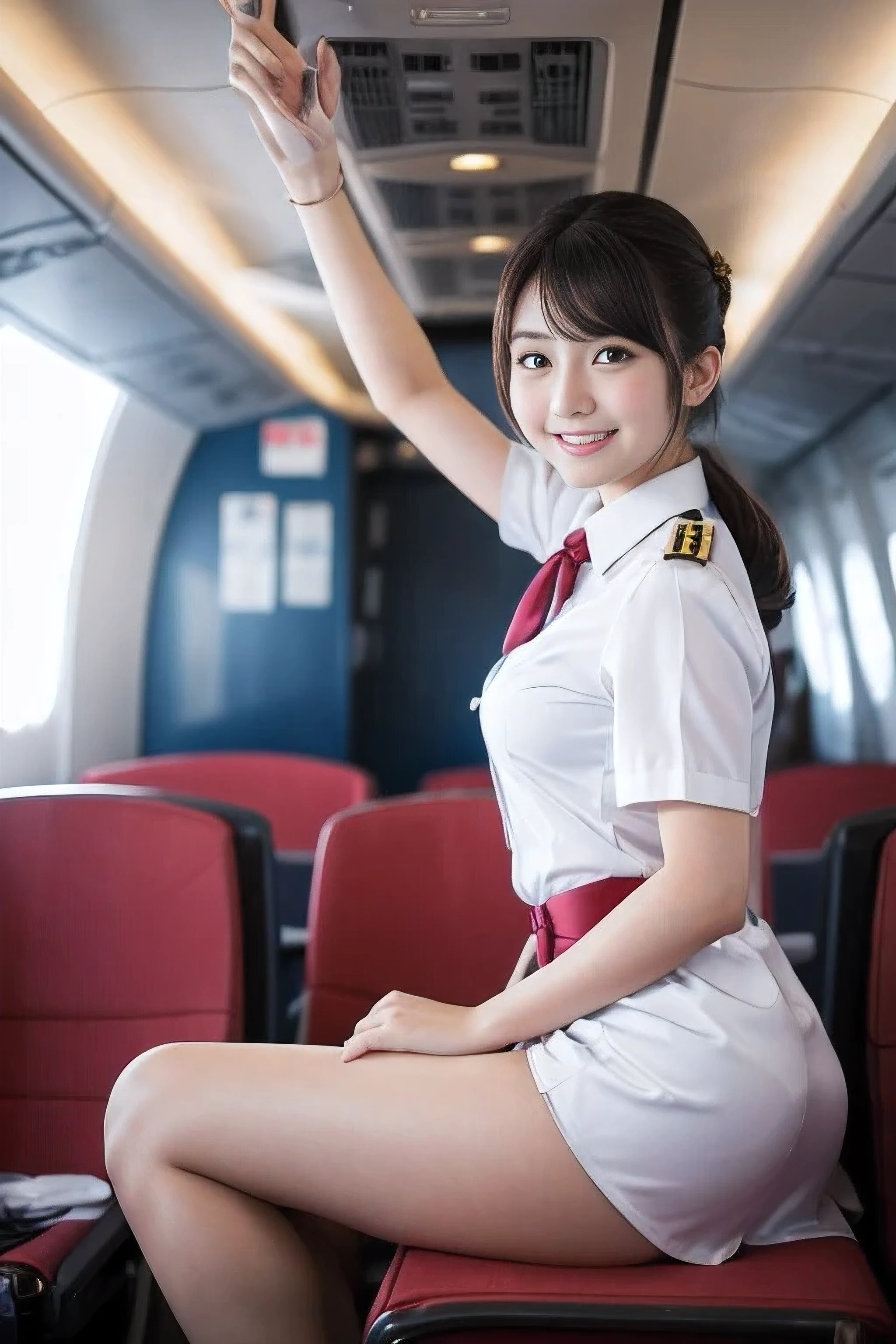 In an airplane, two young Japanese women are seated on the floor. Woman A is dressed as a flight attendant in a satin fabric miniskirt, posing elegantly. She is 20 years old, has fair, finely textured skin, and her brown hair is styled in an updo. Woman B, also in a satin fabric flight attendant's uniform with a miniskirt, is a 22-year-old gravure idol with a gentle smile. She has fair, finely textured skin and her black hair is in a semi-long style, making a peace sign. The scene is shot from 5m away with natural lighting, and the background features an airport counter.