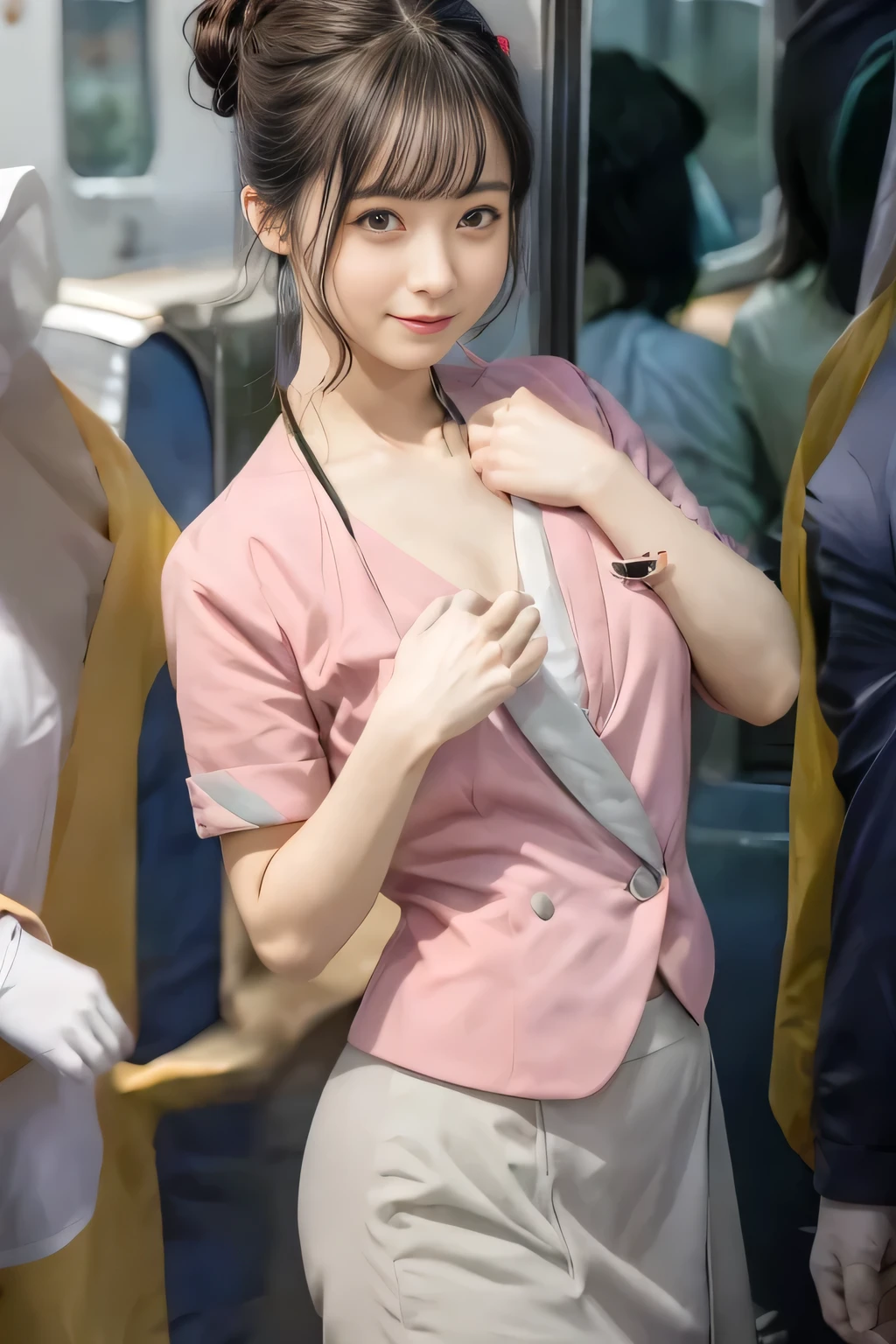 (masterpiece:1.2, highest quality:1.2), 32K HDR, High resolution, (alone、1 girl)、(On the rooftop of a building in the daytime、Professional Lighting)、Building rooftop background、(Nankai train crew uniform pinkを着たリアルスタイル)、(Nankai train crew uniform pink short sleeve collarless pink jacket、Nankai Train Crew Uniform Pink Collarless Short Sleeve Blouse、Nankai Train Crew Uniform Pink Grey Knee-length Culottes)、((The bottom of the pink short-sleeved jacket cannot be tucked into the clay-colored culottes.))、Dark brown hair、(Hair tied up、Hair Bun、Hair Bun)、Dark brown hair、Long Shot、Big Breasts、Thin legs、((Great hands:2.0)),((Harmonious body proportions:1.5)),((Normal limbs:2.0)),((Normal finger:2.0)),((Delicate eyes:2.0)),((Normal eyes:2.0)))、smile、(Nankai Train Crew Uniform Pink Grey Knee-length Culottesを見せた美しい立ち姿)、